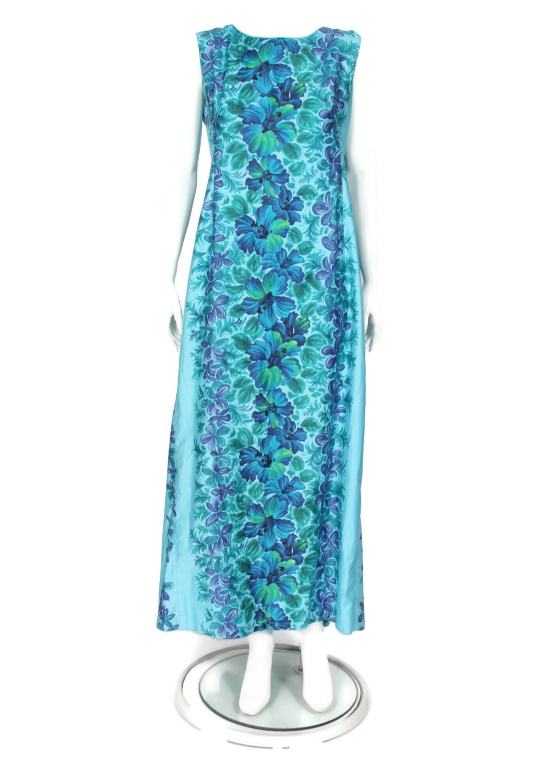 ELSIE KRASSAS Waikiki Vintage 60’s Blue Floral Hawaiian Maxi Dress Sz Large /533