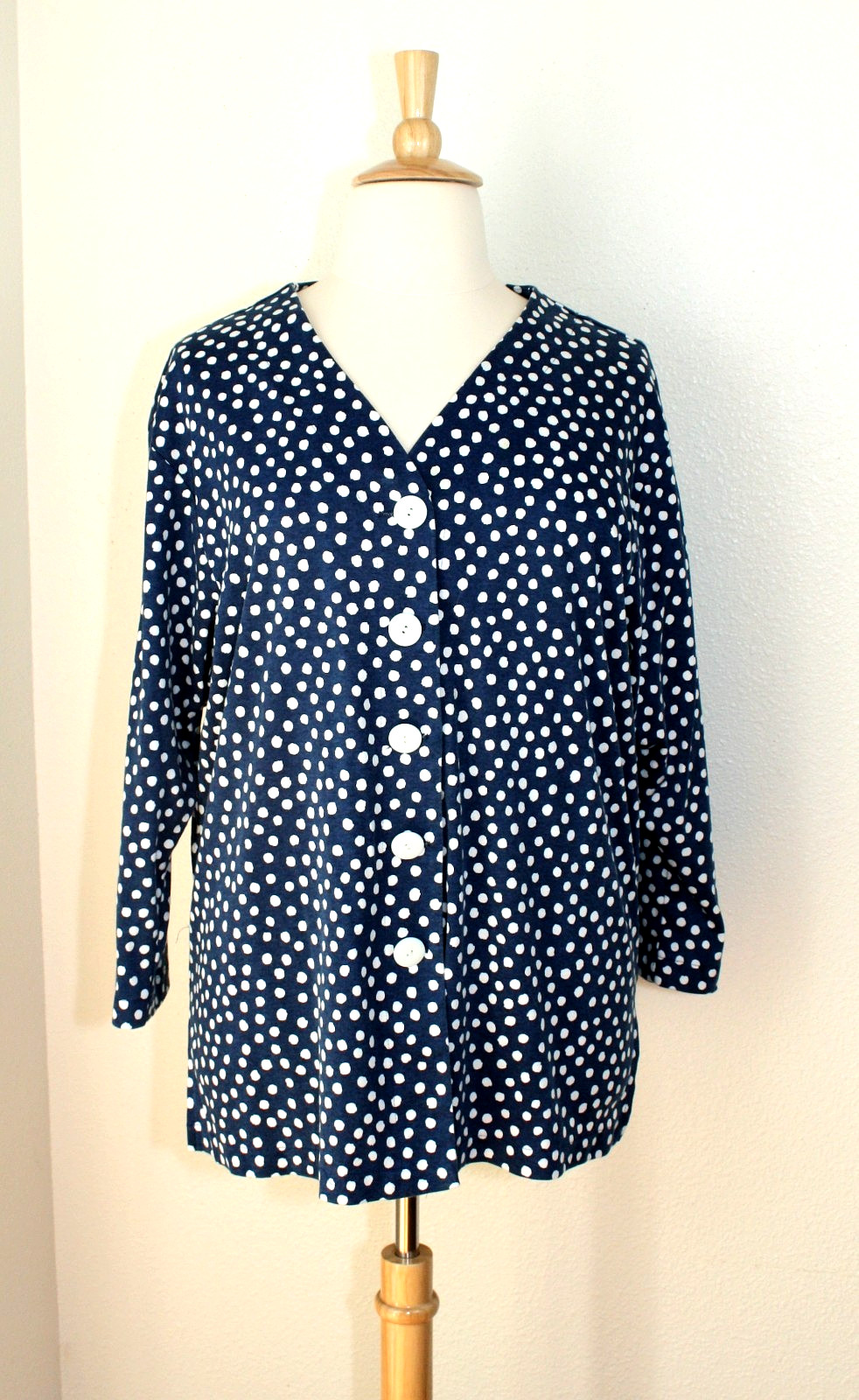 VTG 33 DOVER STREET Knit Jacket Cardigan Plus Sz. 18W Blue White Polka Dot #04