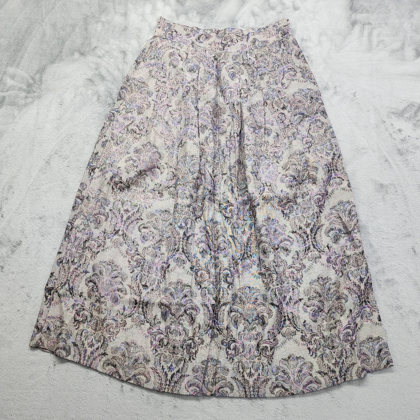 Vintage Michelle Stuart Floral Pleated Midi Skirt Size 8 Gray Colorful Pockets