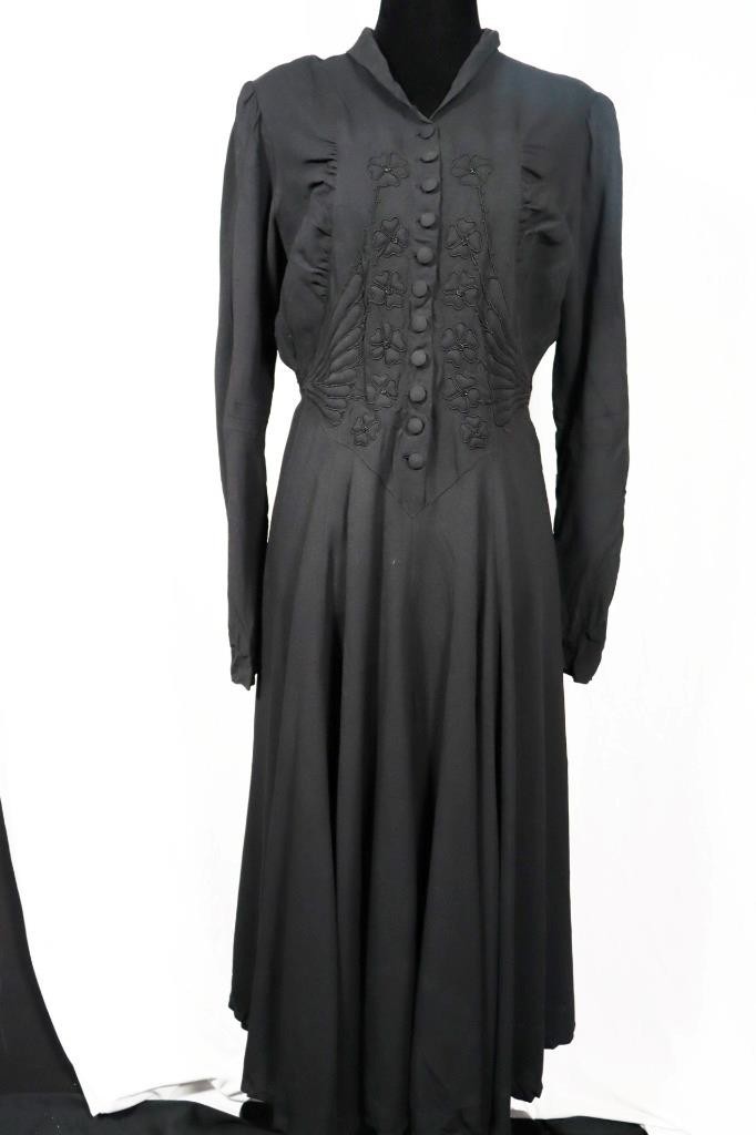 Rare Vintage Fancy 1940’s WWII Era French Black Rayon Crepe Dress Size 8-10