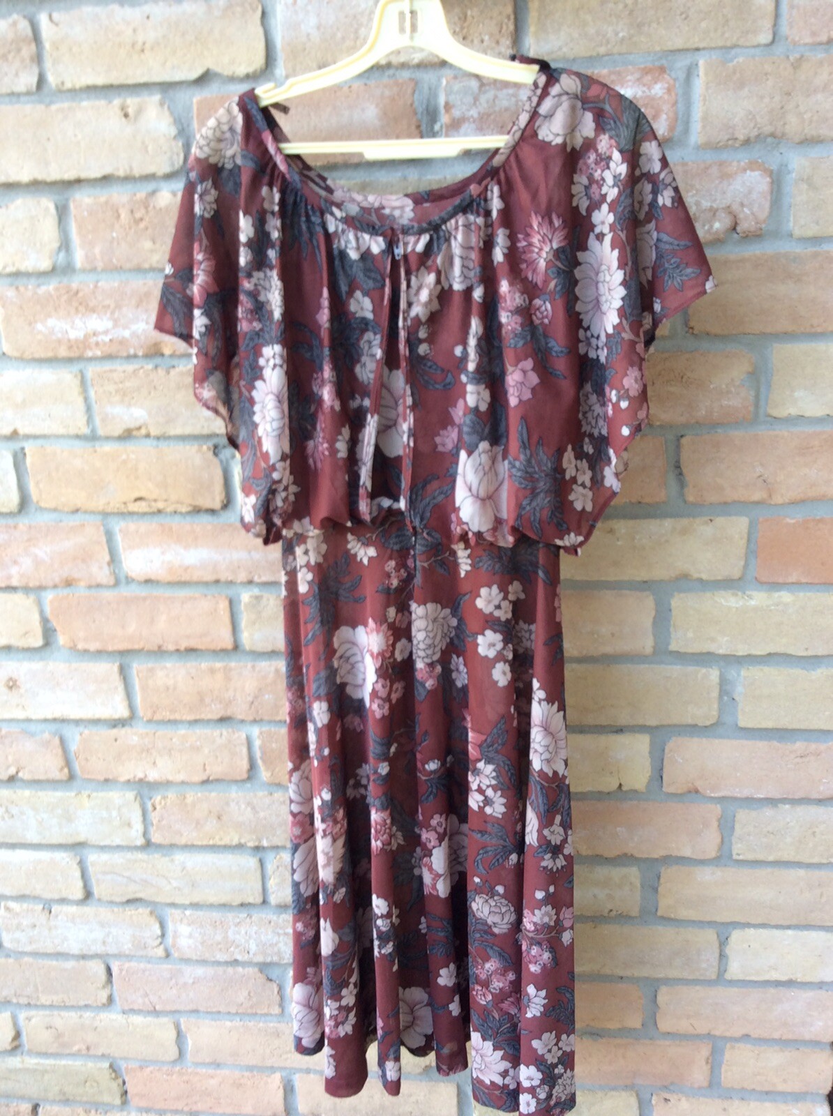 VTG 70s Tracy Floral Earth Tones Secretary Dress XS? Cape Flutter Disco 25″W