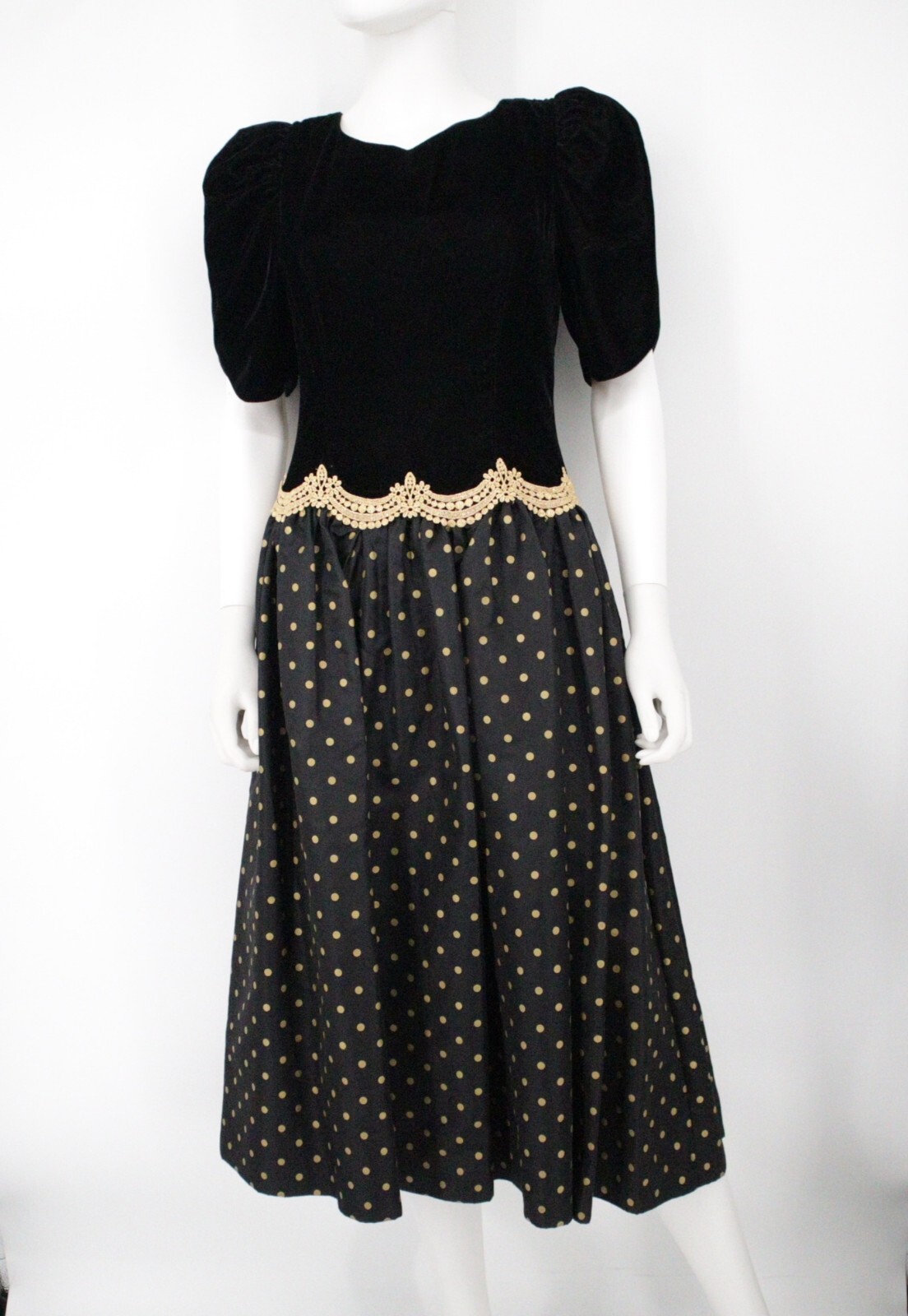 Expo Night Vintage 80s Black Velvet Gold Polka Dot Medieval Costume Retro Sz 10
