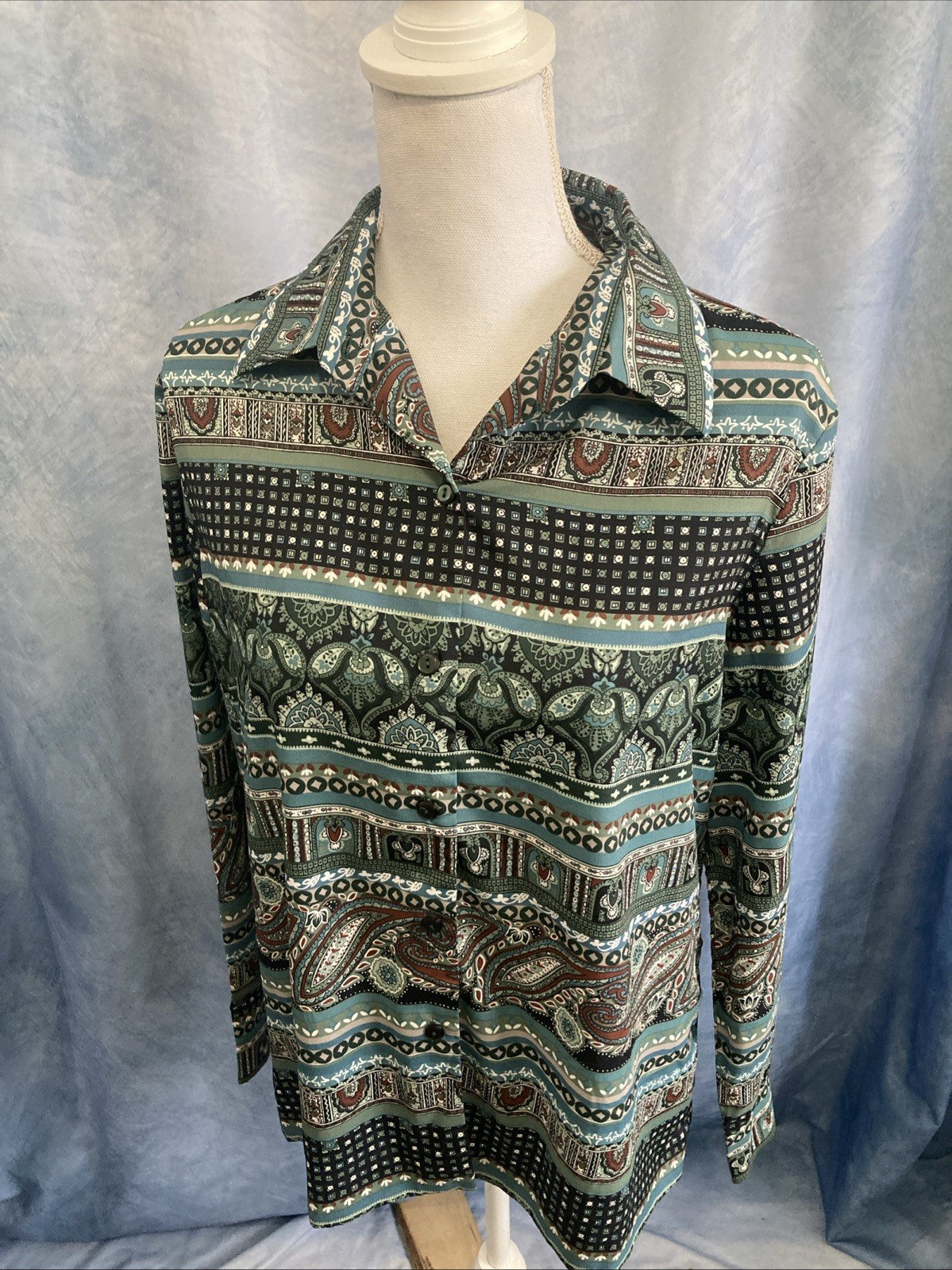 Vtg 70s Alex Colman Blouse S/M EUC Paisley Geometric Stripe Polyester Silky Top