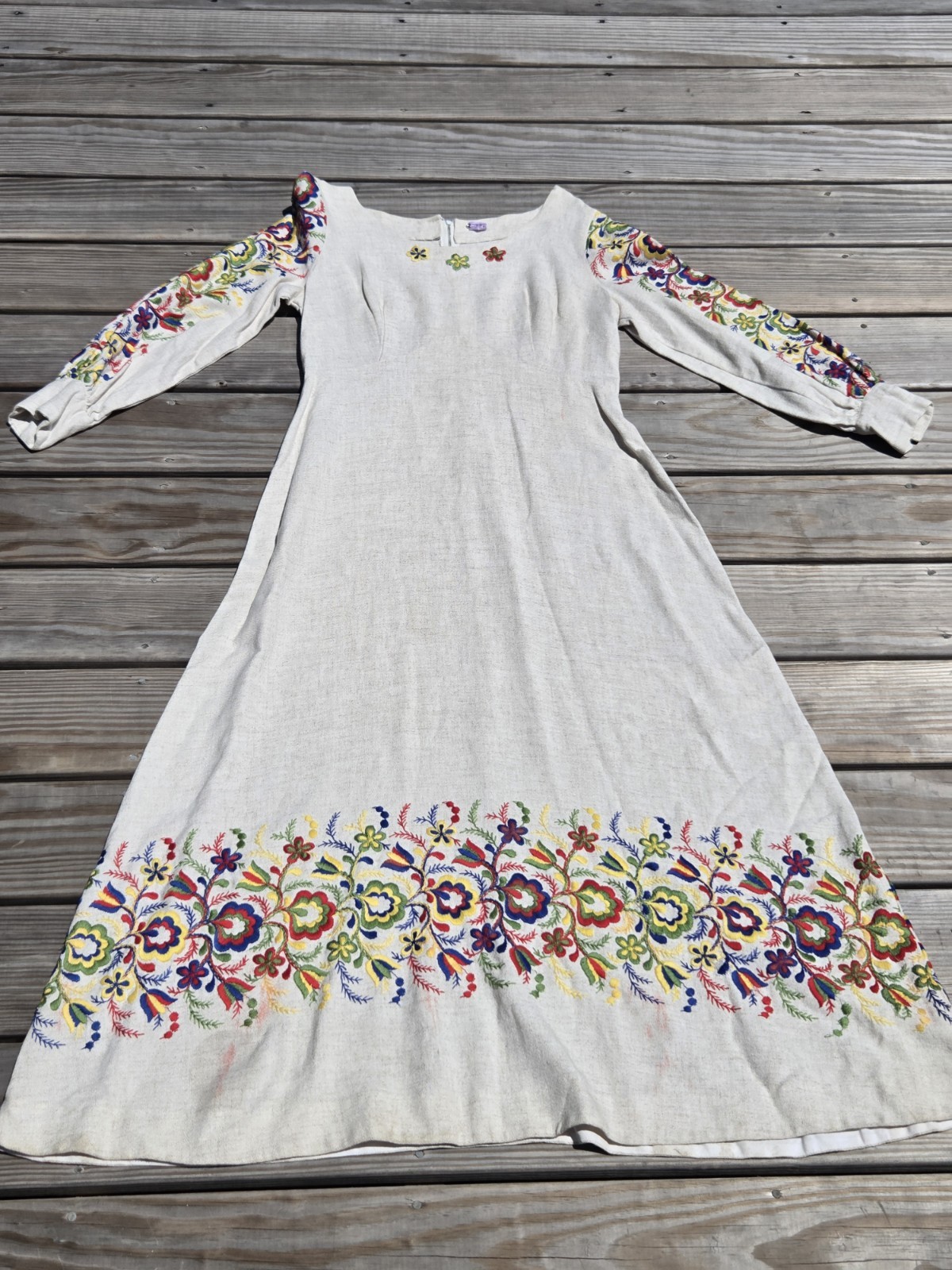✌️Vintage 70s Embroidered Folk Dress Prairie Peasant Boho Maxi Floral Burlap✌️🌈