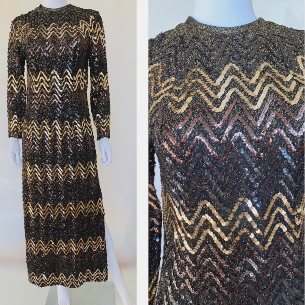 Vintage 1960s 1970’s Sequin Disco Maxi Dress Gown Copper Gold Brown S/M Party