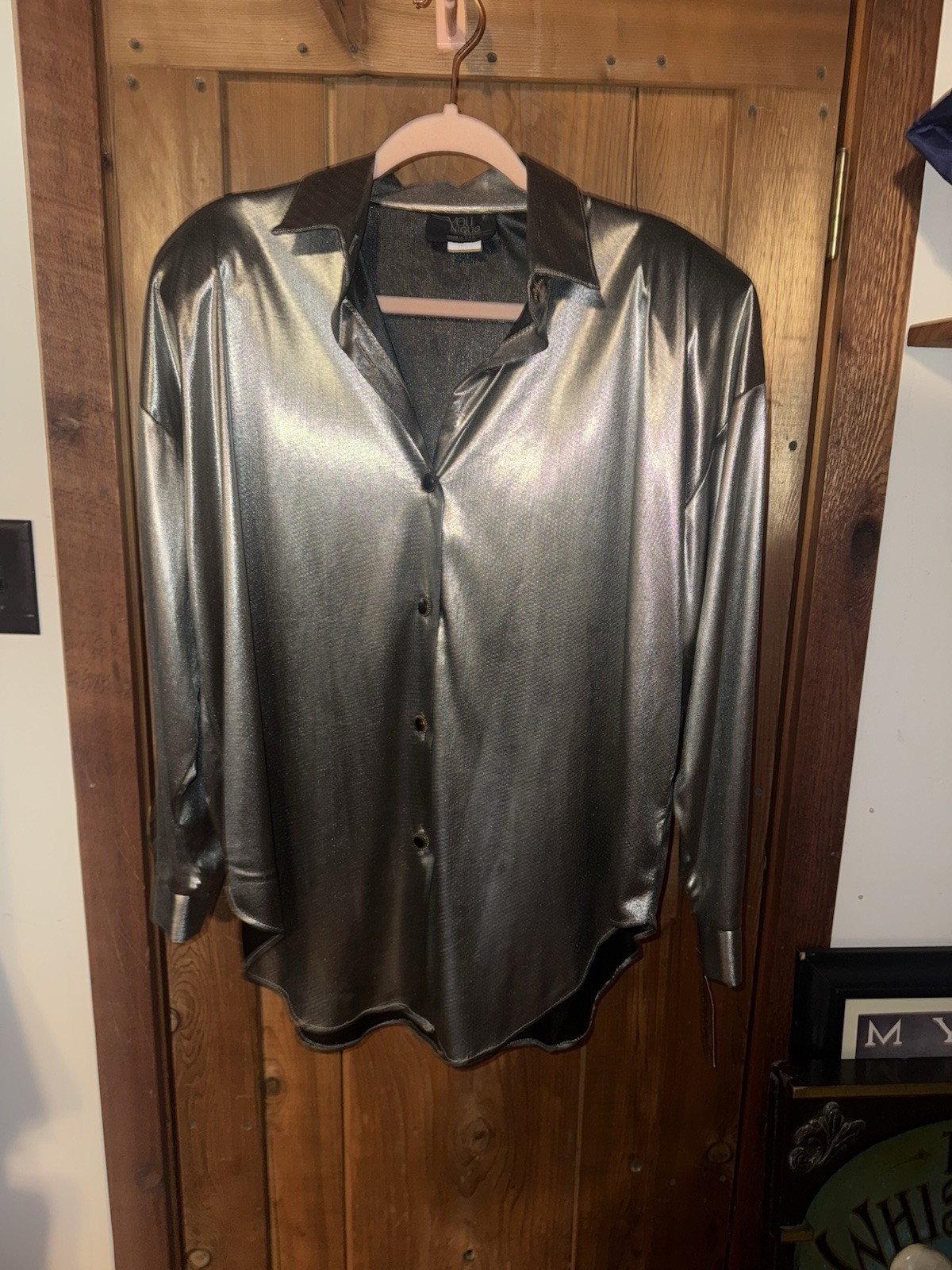 vintage DISCO 90’s YOU NIQUE silver METALLIC polyester SHINY BLOUSE Women’s sz M