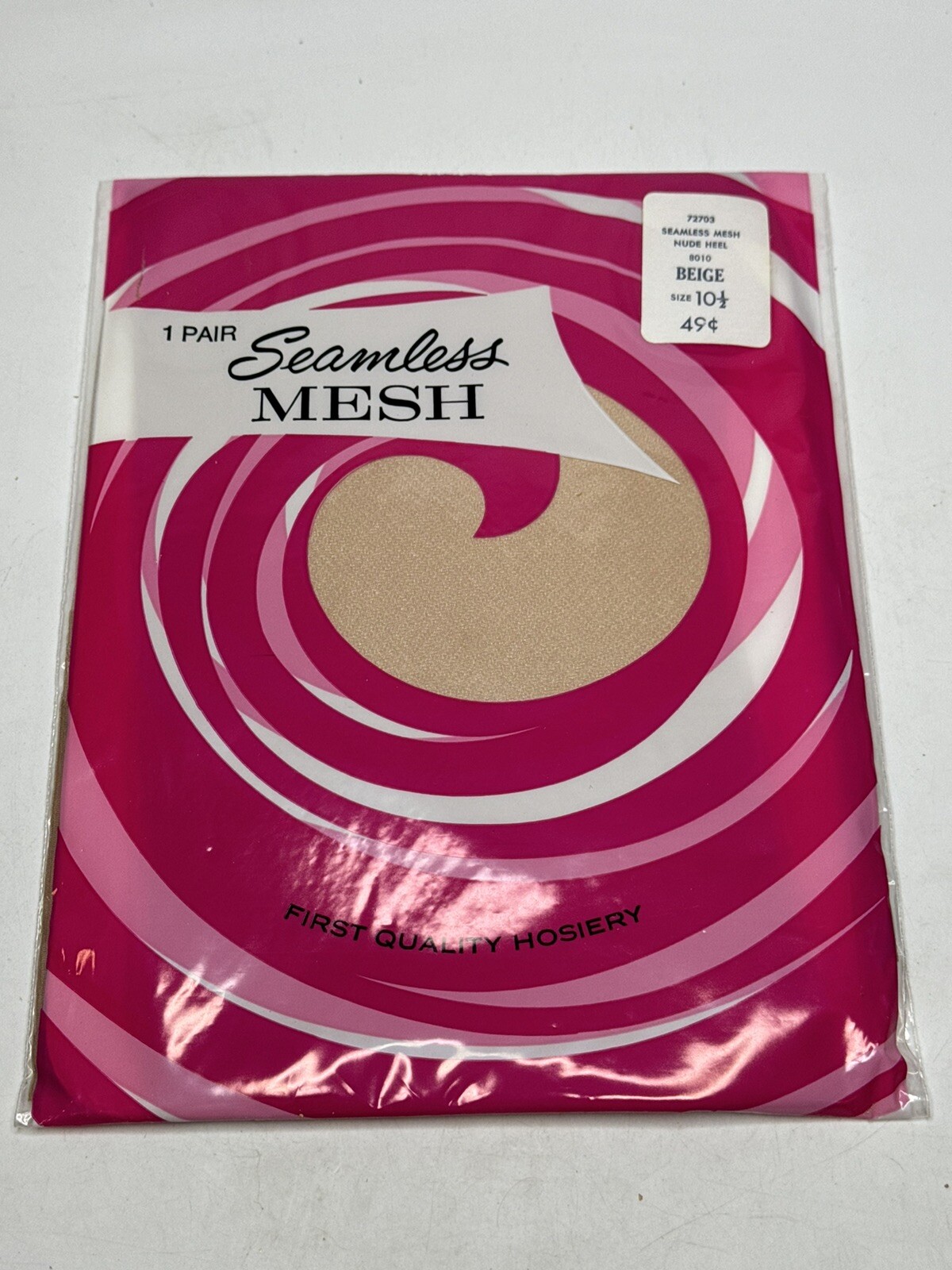 Vtg Seamless Mesh stockings 1 Pair Thigh High Stretch Nylon Size 10 1/2 Nude