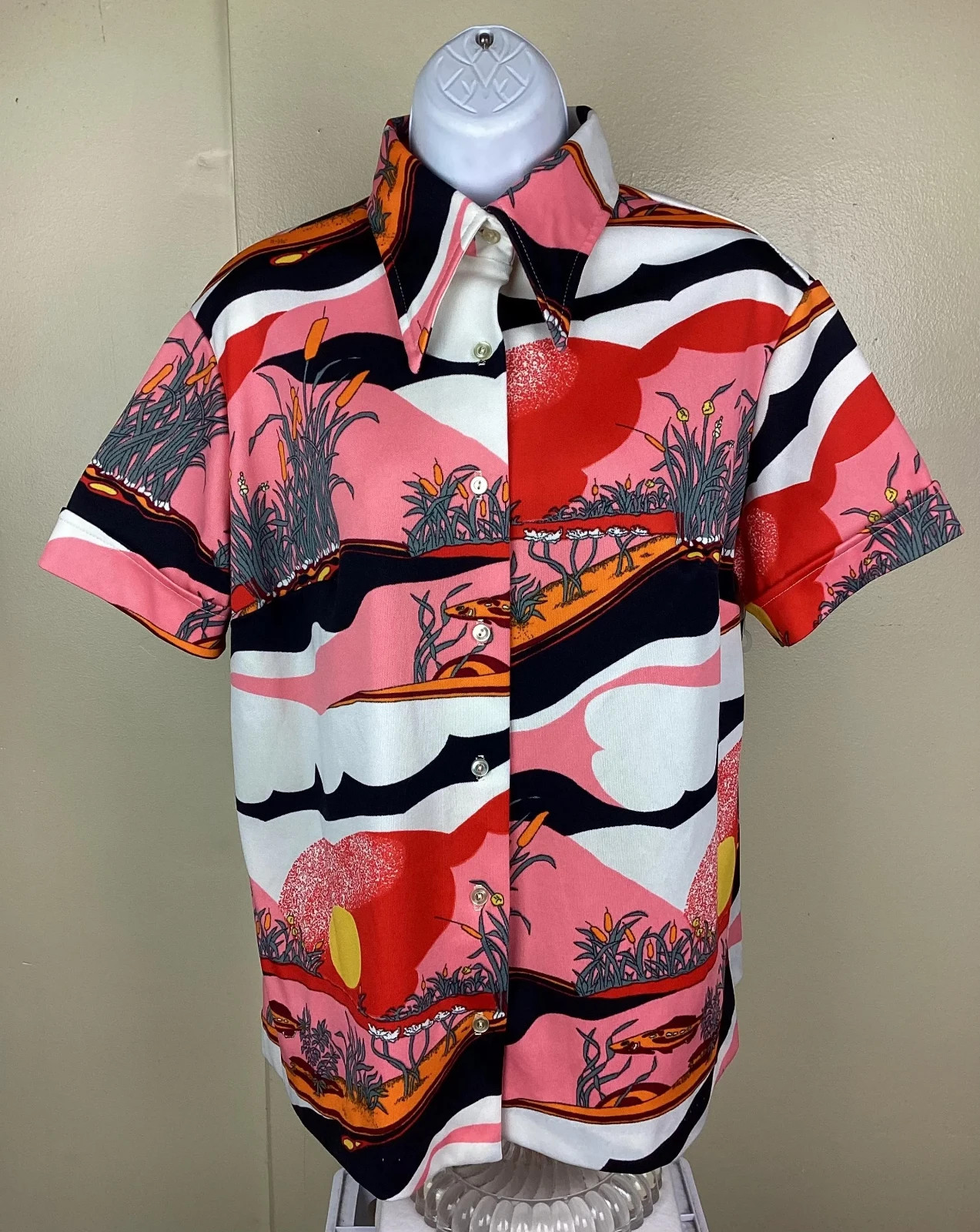 Vintage 70s Sears Novelty Fish Print Blouse Deadstock Pink Red Scenic Marsh