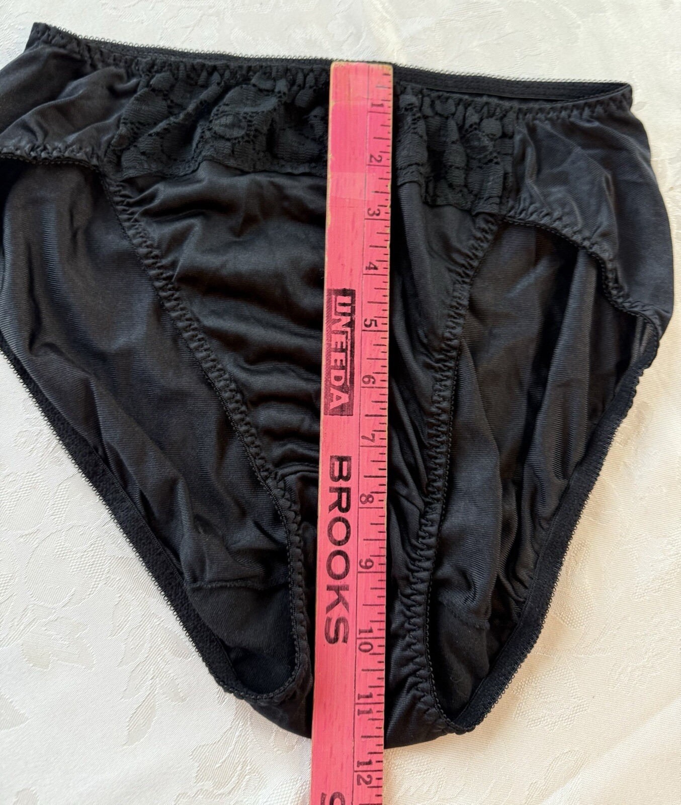 Vtg Panties High Cut Nylon Bali Brief Planets Circles Records on Lace Black L 7
