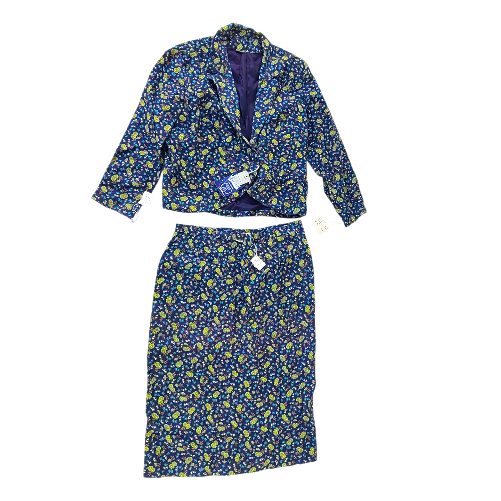 NOS Vintage 1960s 1970s Floral Women’s Suit Jacket Skirt Set 100% Cotton Blazer