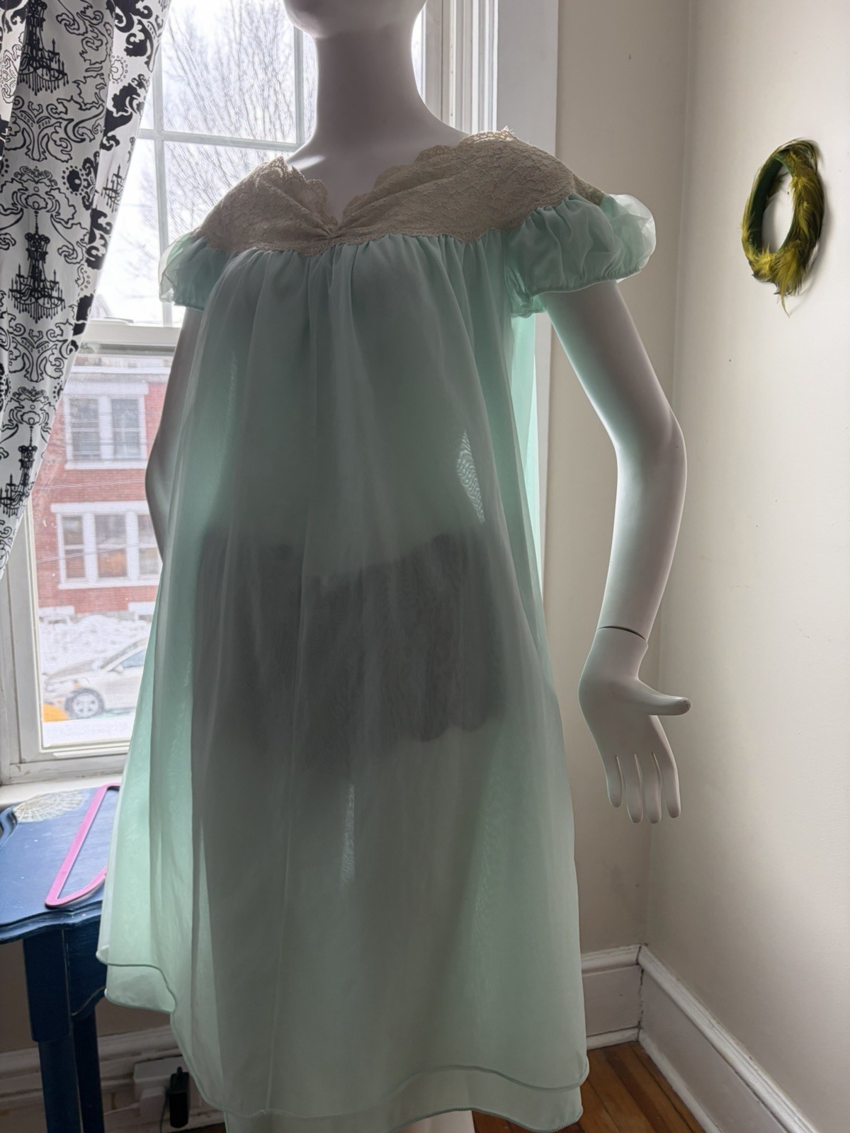 Vtg Hollywood Designer Sheer Chiffon Peignoir Robe Shorti Nightgown Set L X