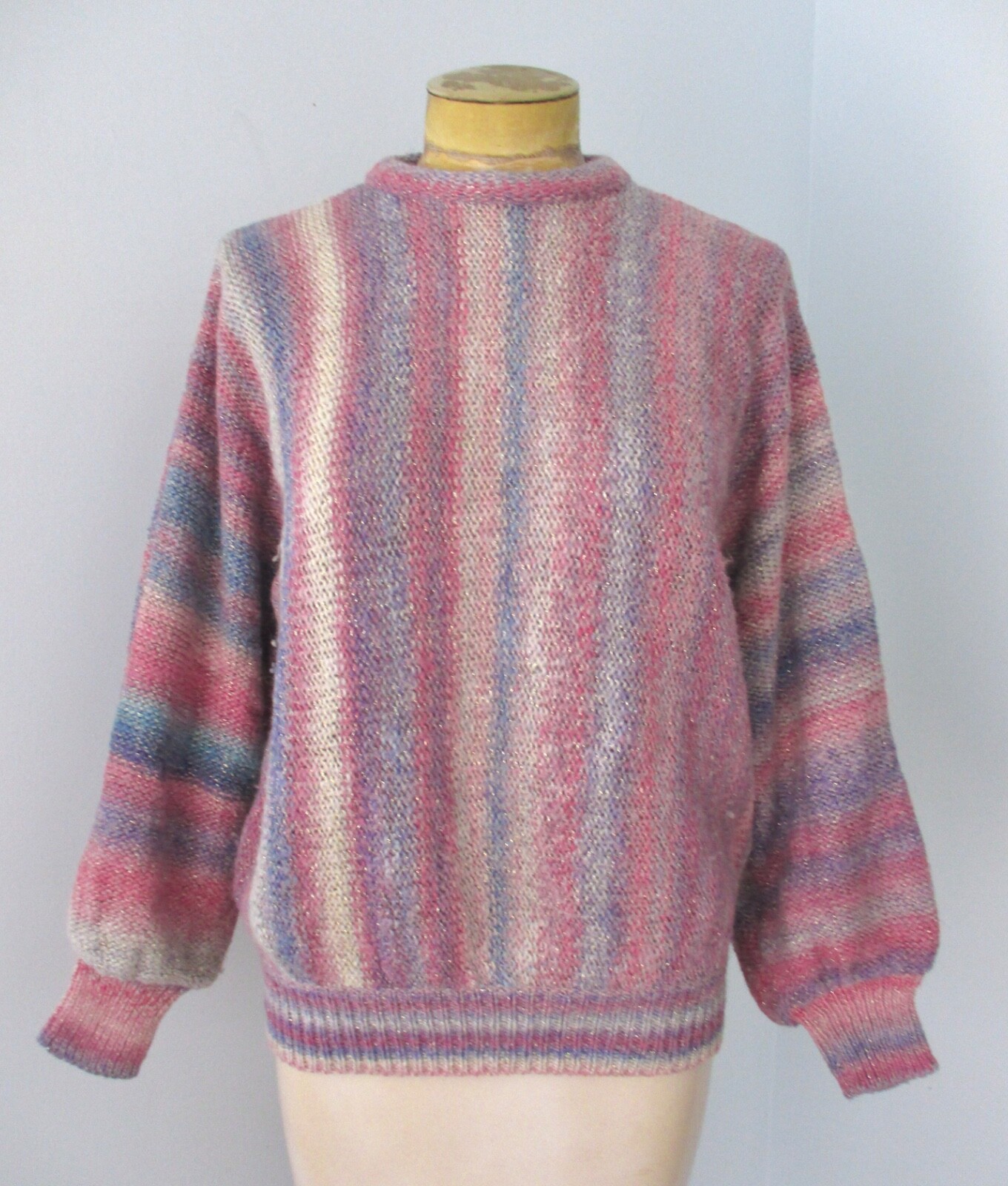Vtg 80s pink blue sparkly silver metallic stripe sweater puff batwing sleeve M/L