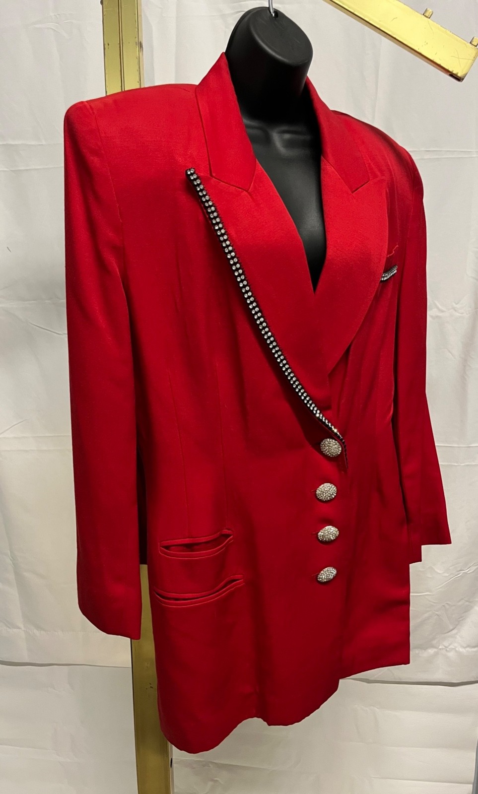 VTG 1980s Power Jacket Red Blazer Size L Rhinestones & Jeweled Buttons