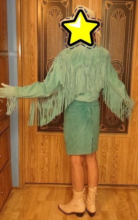 Vintage Chia Women’s Leather Fringe Jacket, skirt and gloves Size 6