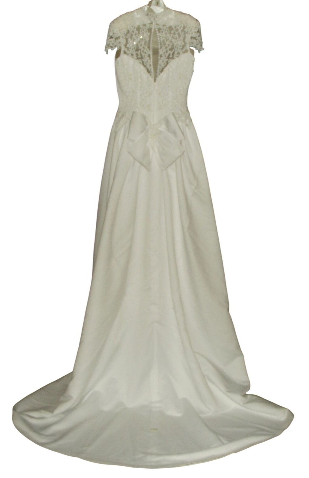 Vintage Michaelangelo Wedding Dress 12 White train bustle lace beaded cap sleeve