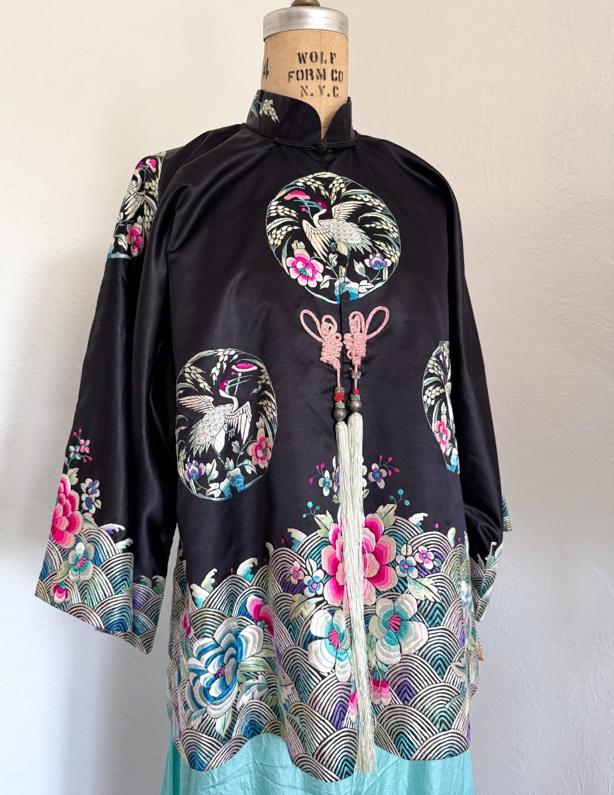 Antique Silk Chinese Embroidered Robe Jacket Art Deco Birds Floral Beaded Tassel