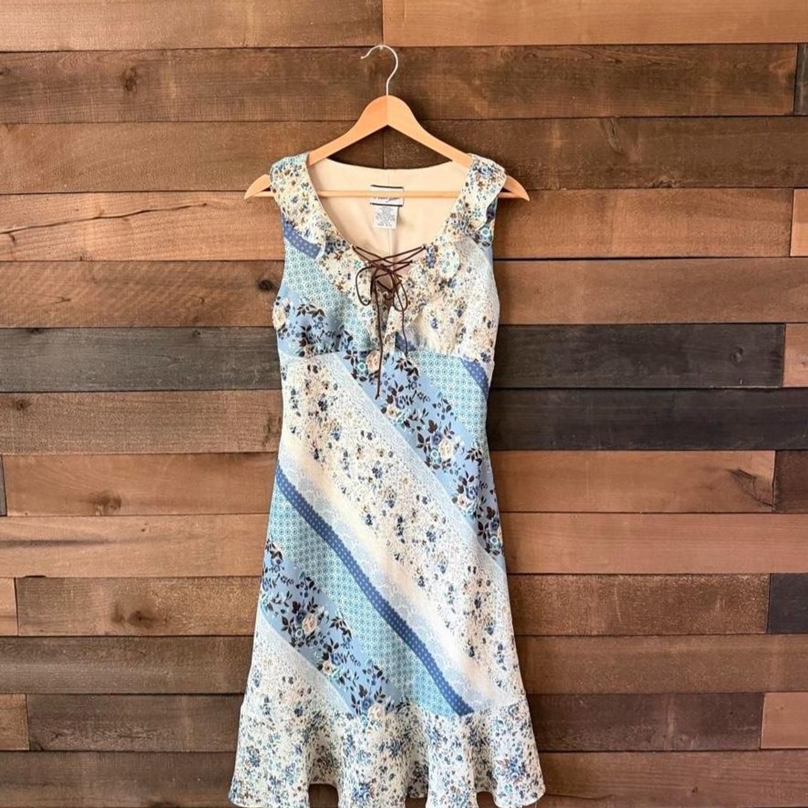 Vintage Breakin Loose Blue Patchwork Floral Midi Dress Cottagecore Y2K