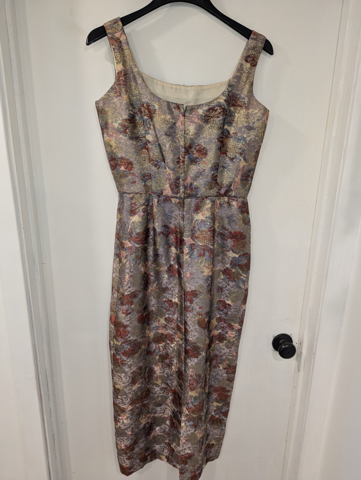 Vtg Lilli Diamond Long Dress Gown Gold Brocade Floral Bombshell VLV TO Sz M/L