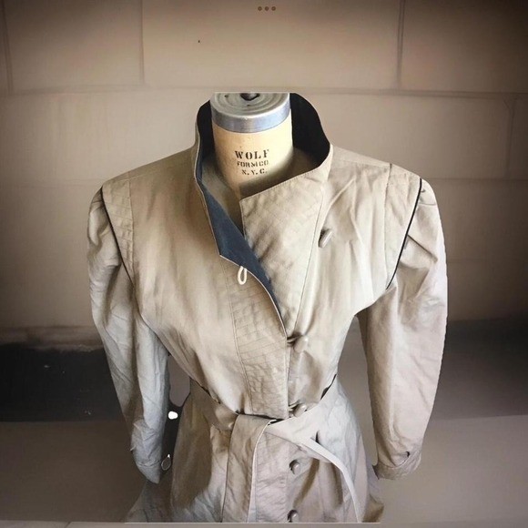 Vintage 80s Structured Funnel Neck Trench Coat Beige with Black Trim Accents