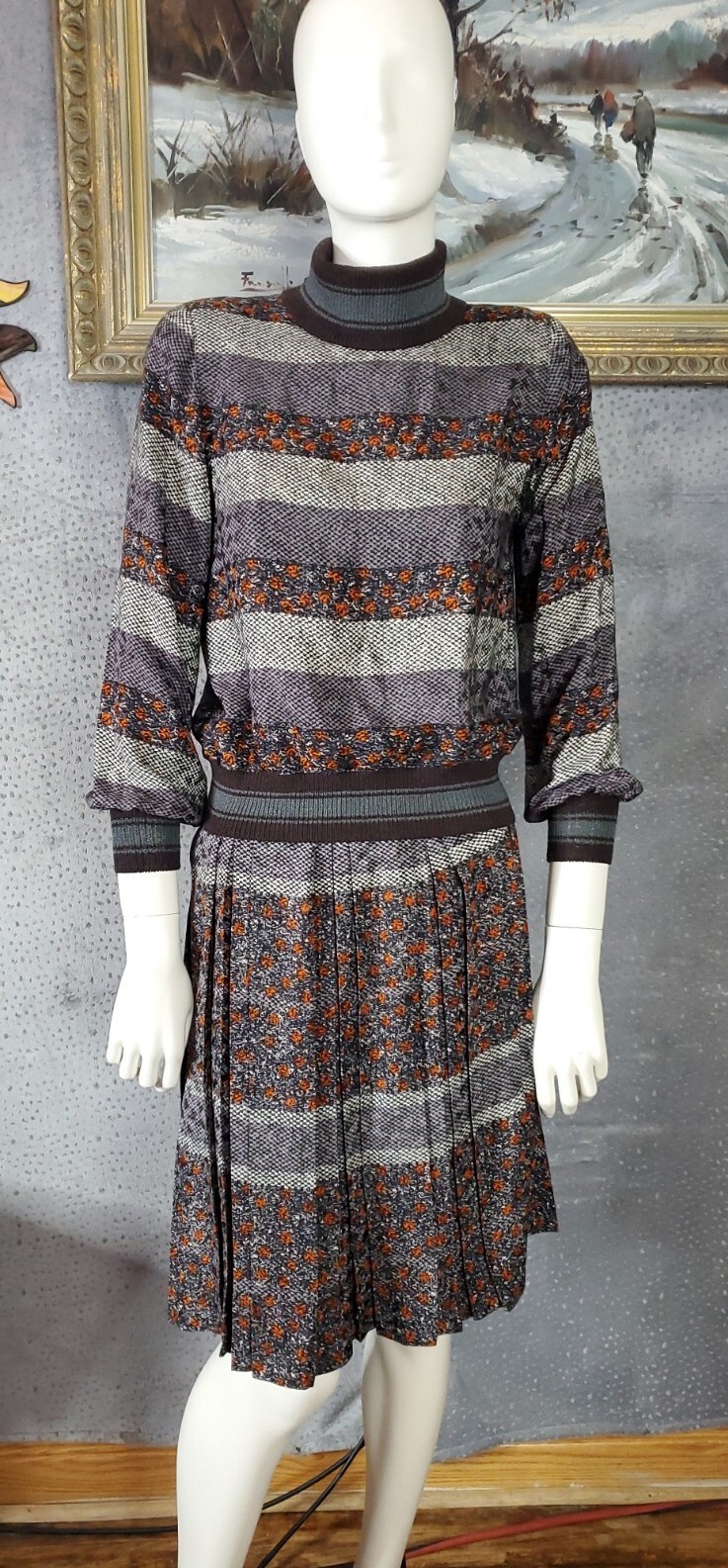 Vintage Adolfo 2 Piece Skirt Set All Silk Long Sleeve Shirt Size Small Patterned