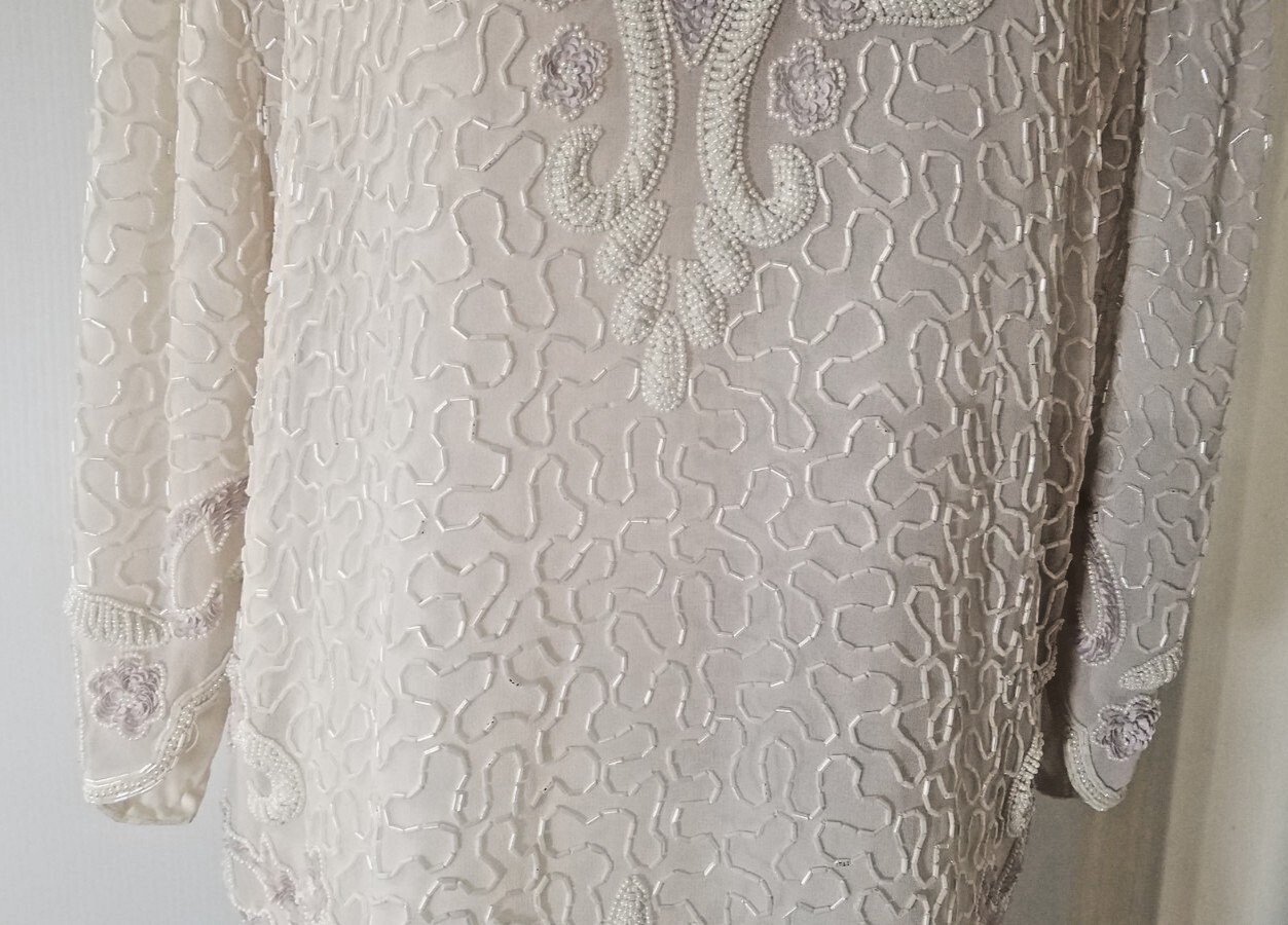 Vintage Beaded Top Ladies Sz XL White Sequins Seed Pearls V Neck Tunic 3282