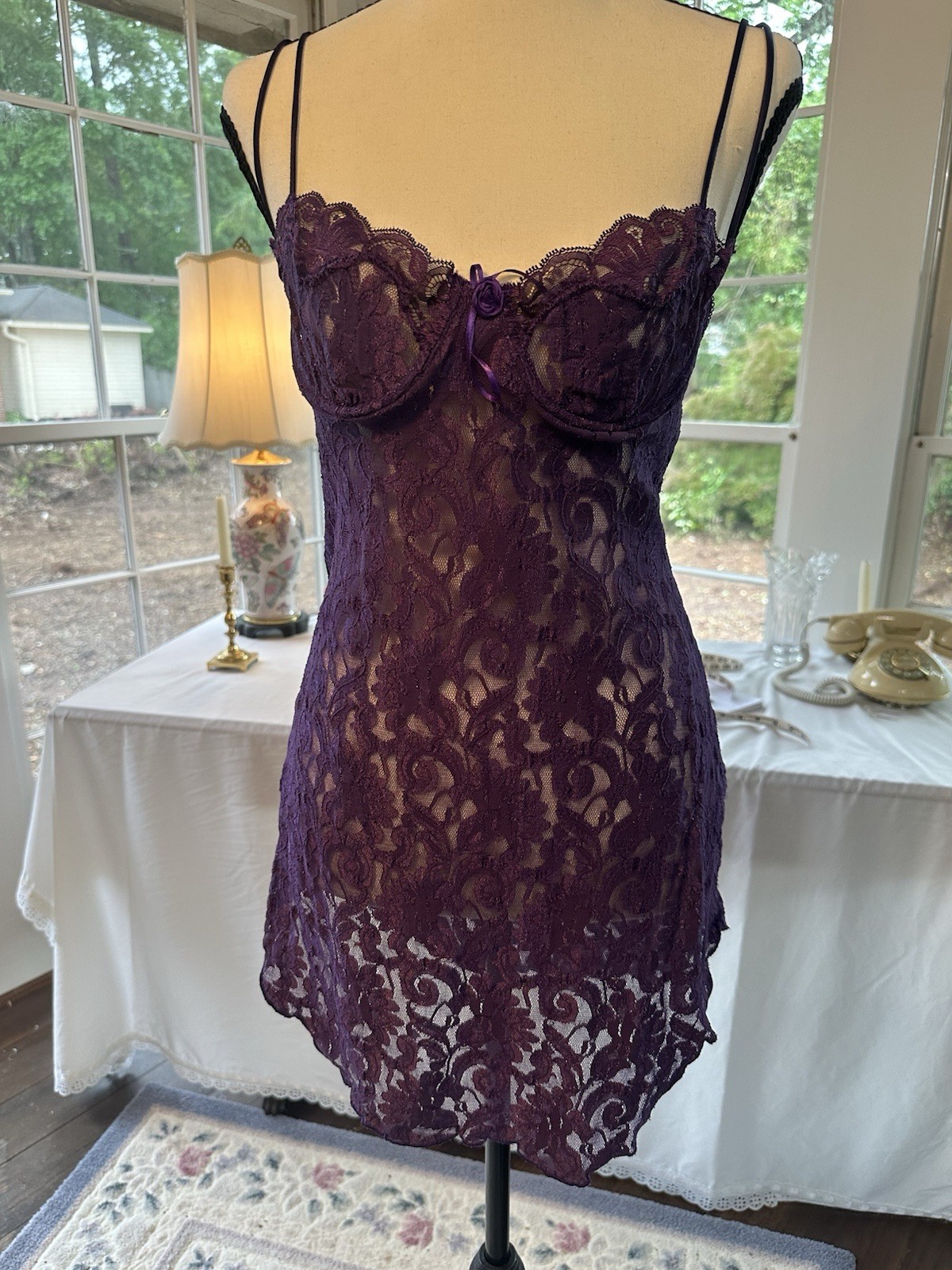 Vintage 90s Purple Lace Chemise Nightgown Cinema Etoile Nightie Lingerie Small