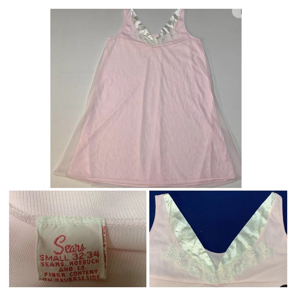 Vintage 1960’s Babydoll Nightie Nightgown Sears Roebuck Pink Nylon Sz Small EUC