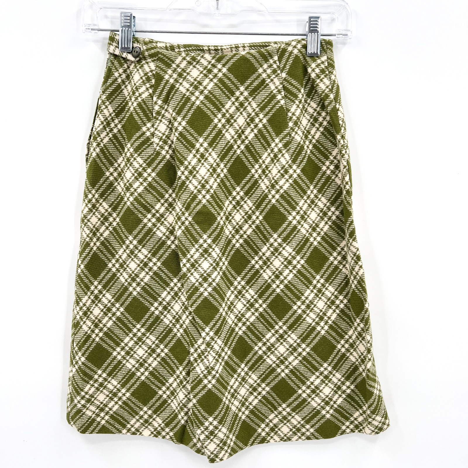Vintage 60s Women’s Size 6 Green/Ivory Plaid High-Waisted Above-Knee Wool Skirt