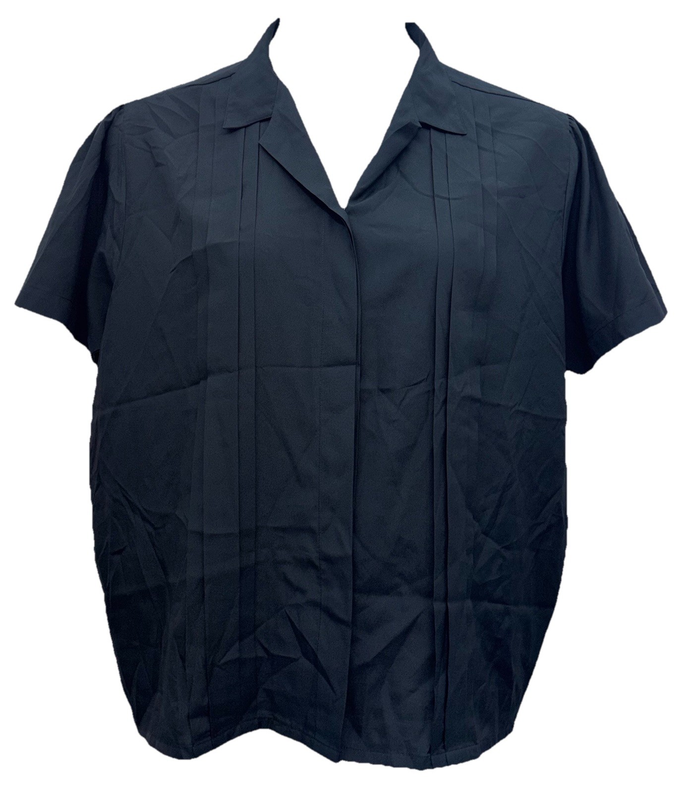 Vintage Cachet Women Size XL Button Up Short Sleeve Collared V-Neck Blouse Black