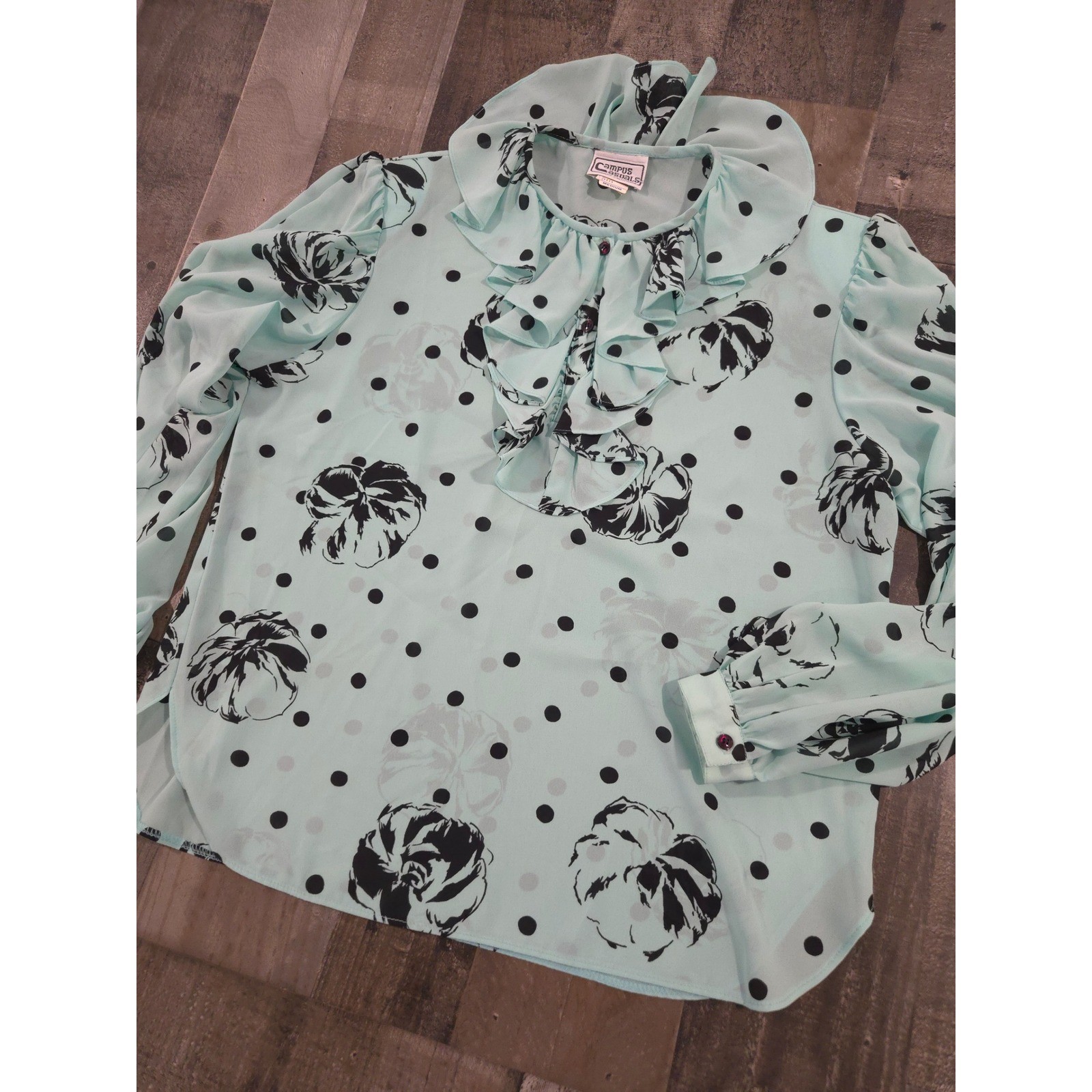 VTG 70s 80s Campus Casuals Ruffle Neck Blouse Mint Green Floral Polka Dot Size M
