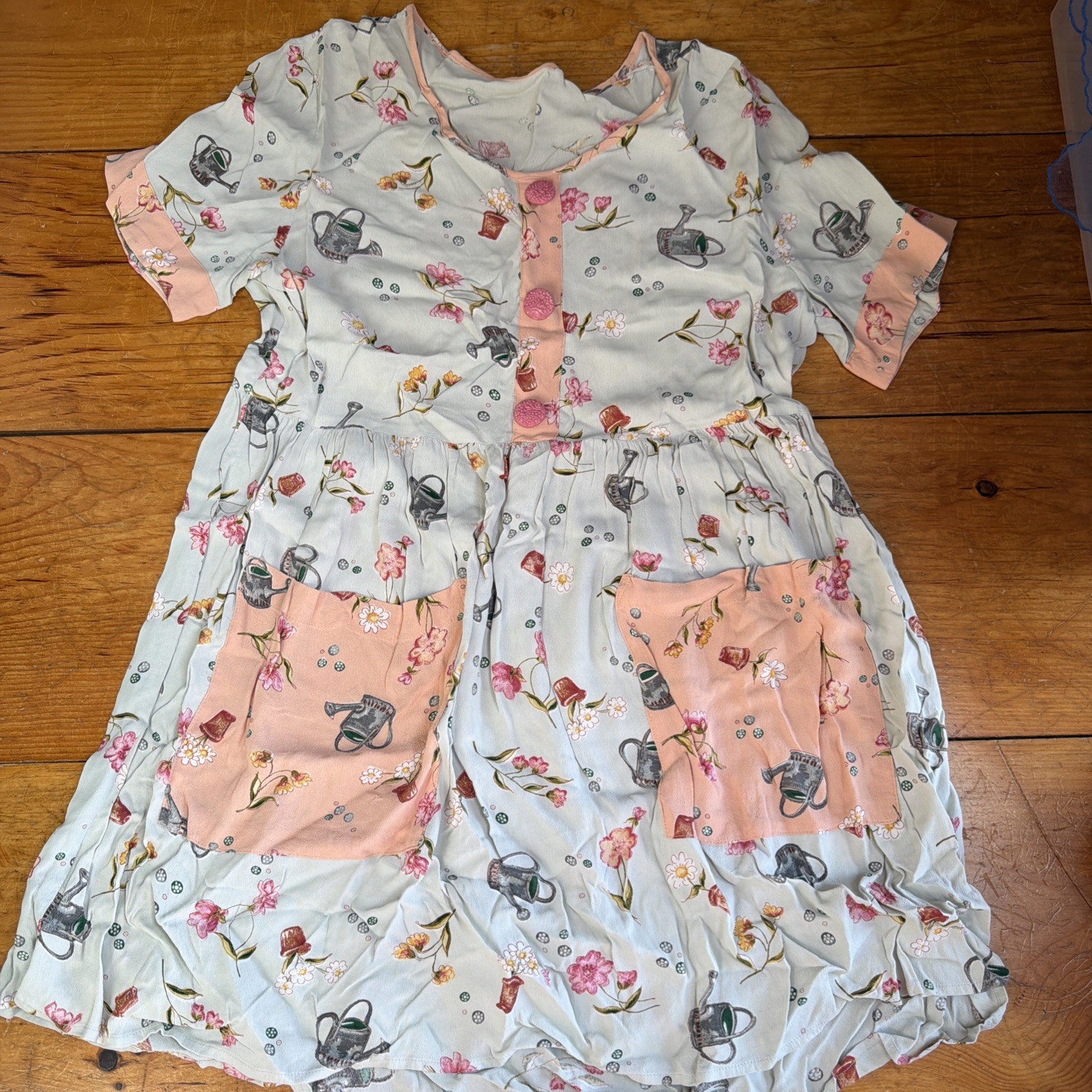 1980’s 90’s Gardening Print Rayon Baby Doll Dress W/ Pockets, Vintage buttons