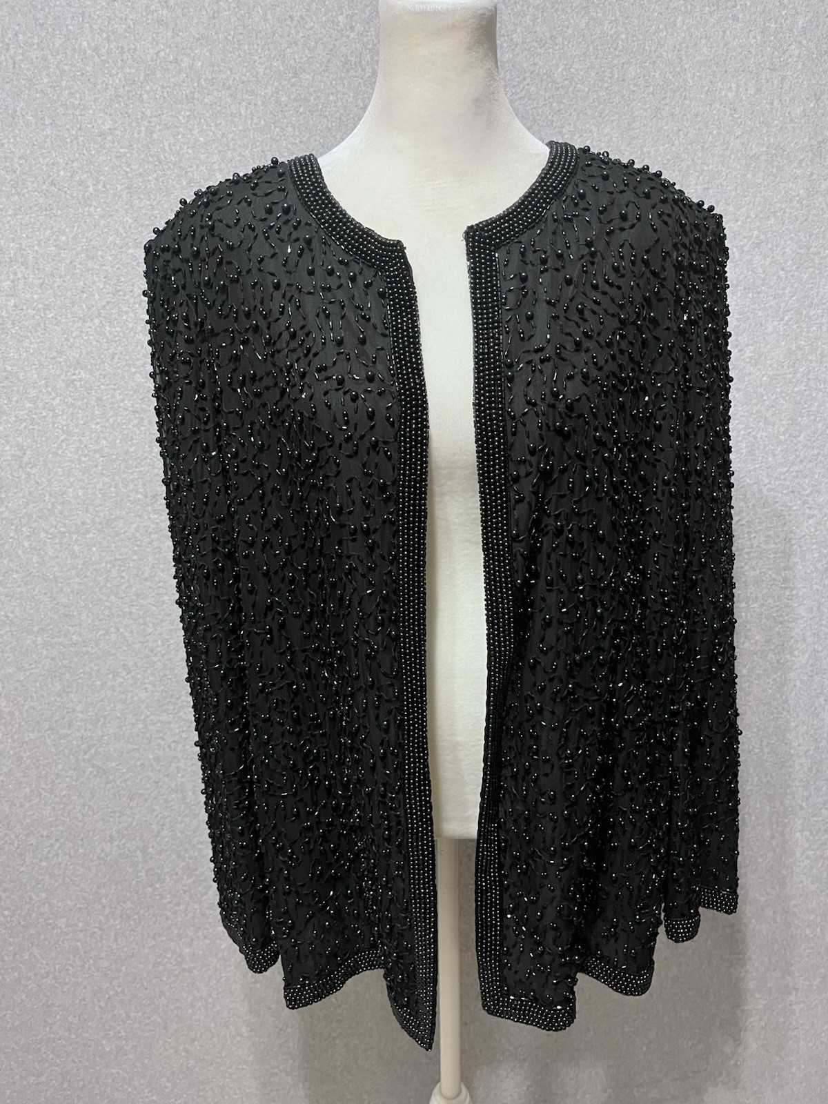VTG Papell Boutique Black Silk Beaded Sequin Evening Jacket Top Women Sz L Event