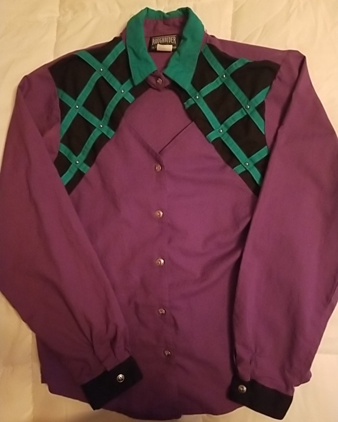 Vintage ROUGHRIDER Color Block Western Style Blouse Cotton Women Small Cowgirl