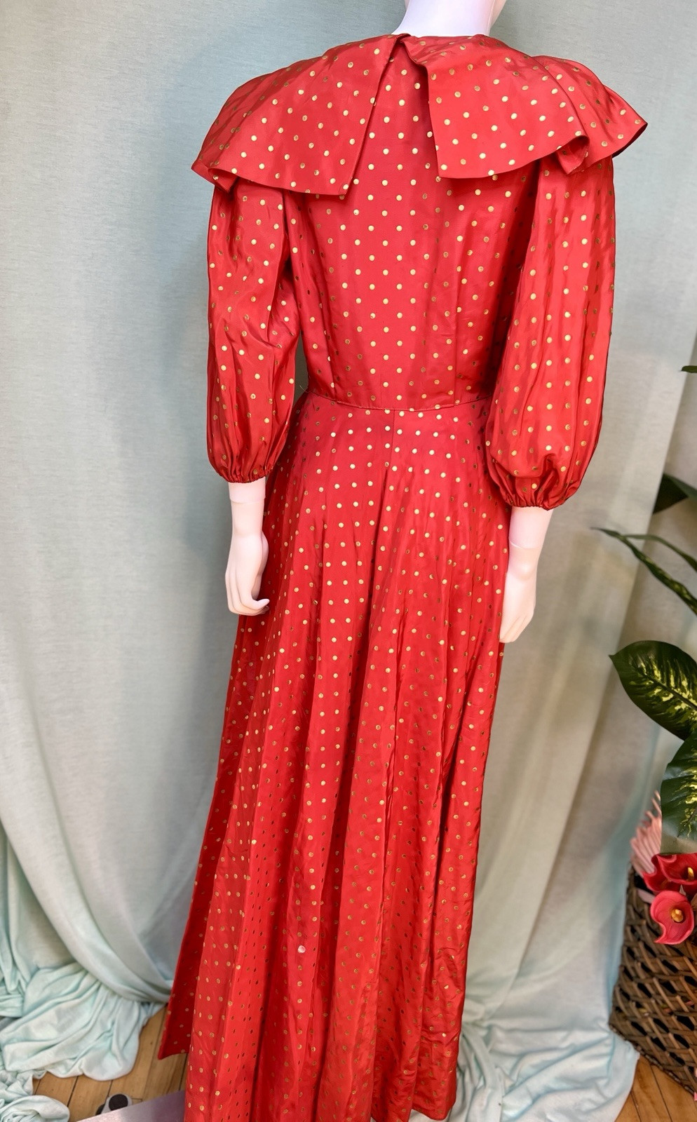 Vintage 1940s Red & Gold Polka Dot Flobert Maxi Formal Dress, 38 bust, 27 waist