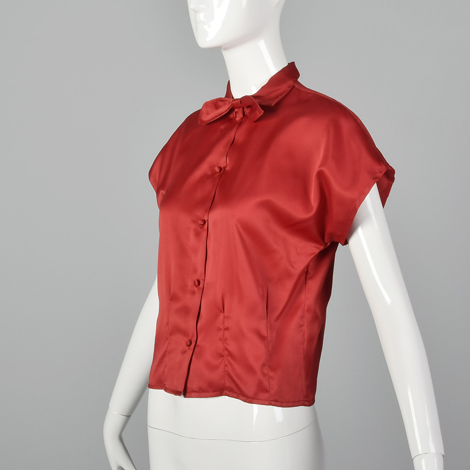 S 1960s Silky Red Blouse Top Short Dolman Sleeves Pin Up Separates Neck Bow 60s