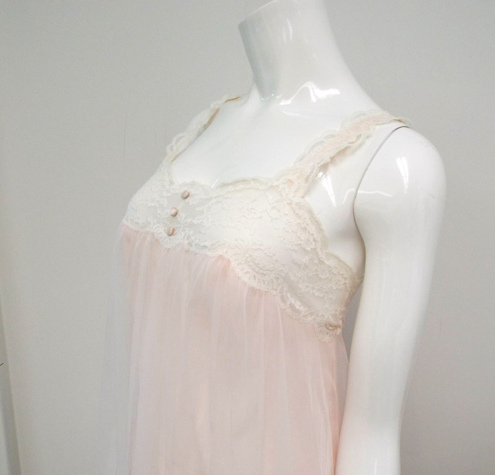 Vintage Warner Laros Nylon Double Layer Pink Sheer Night Gown 32 Bra Top Lace