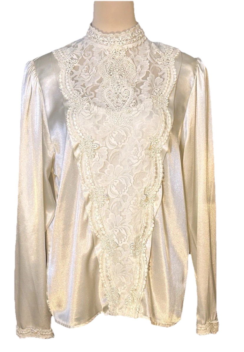 Vintage Lace Bib Blouse Womens Large Satin High Neck 80s Coquette Romantic 12