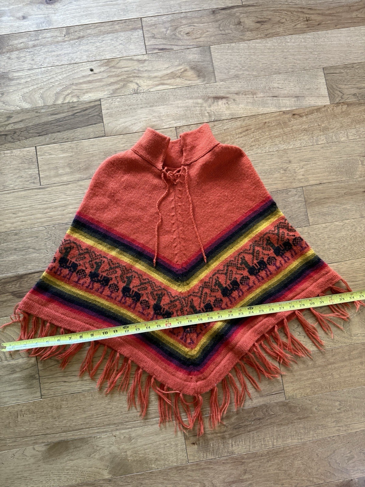 Hand Knit Alpaca Wool Andean Poncho Fringe Folk Textile Cape Southwestern VTG