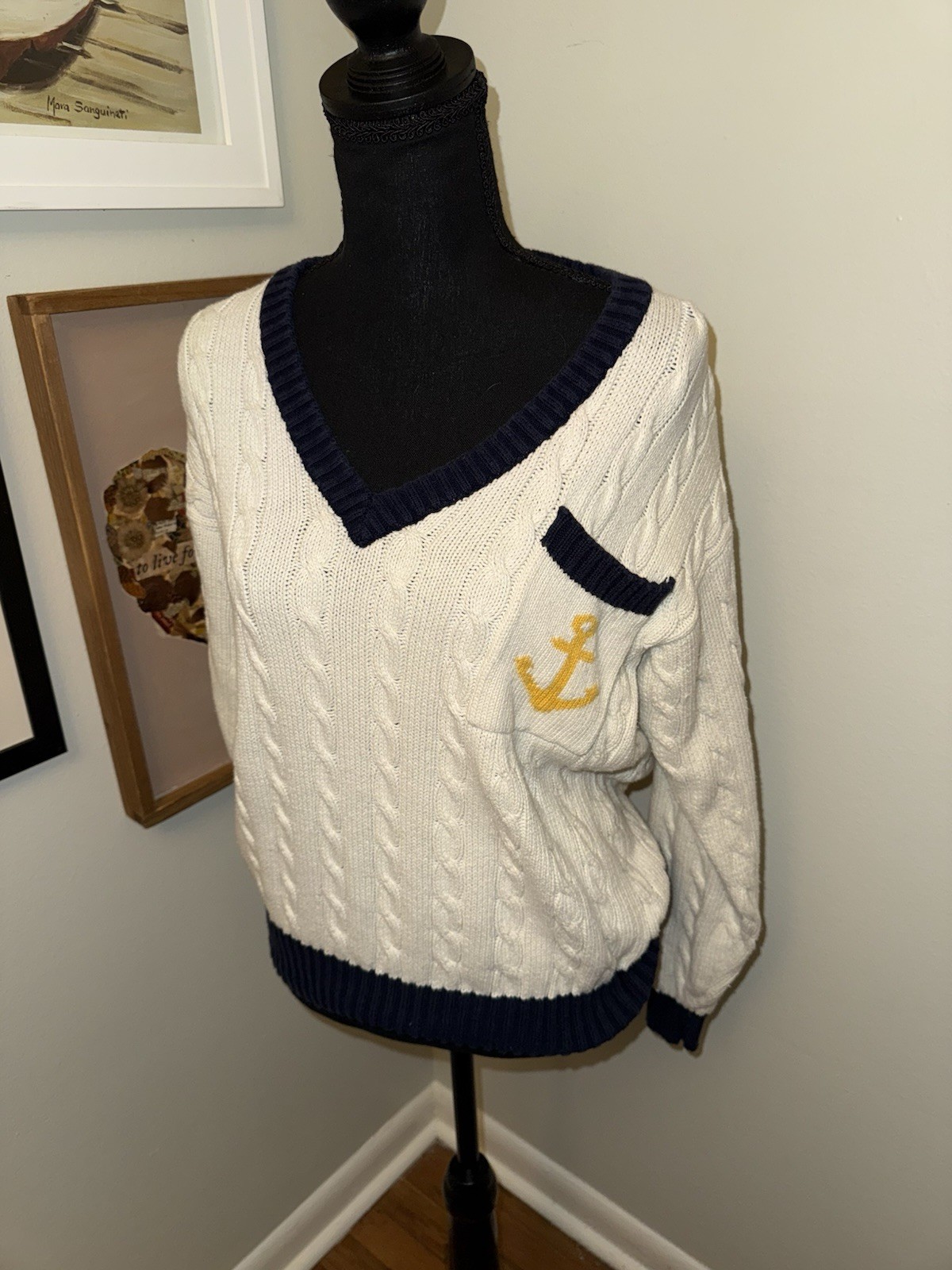 Vtg Anne Klein II Medium Cream Navy V-Neck Knit Sweater Yellow Anchor Pocket