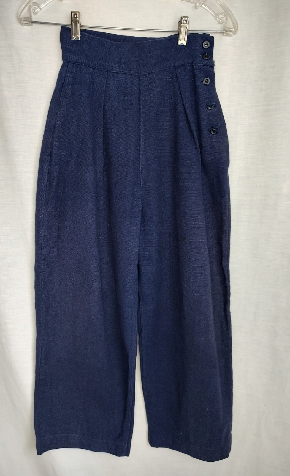 Vtg 40s/50s Womens Side Button Pants 22×23 Wide Leg Blue Wool Gabardine Art Deco