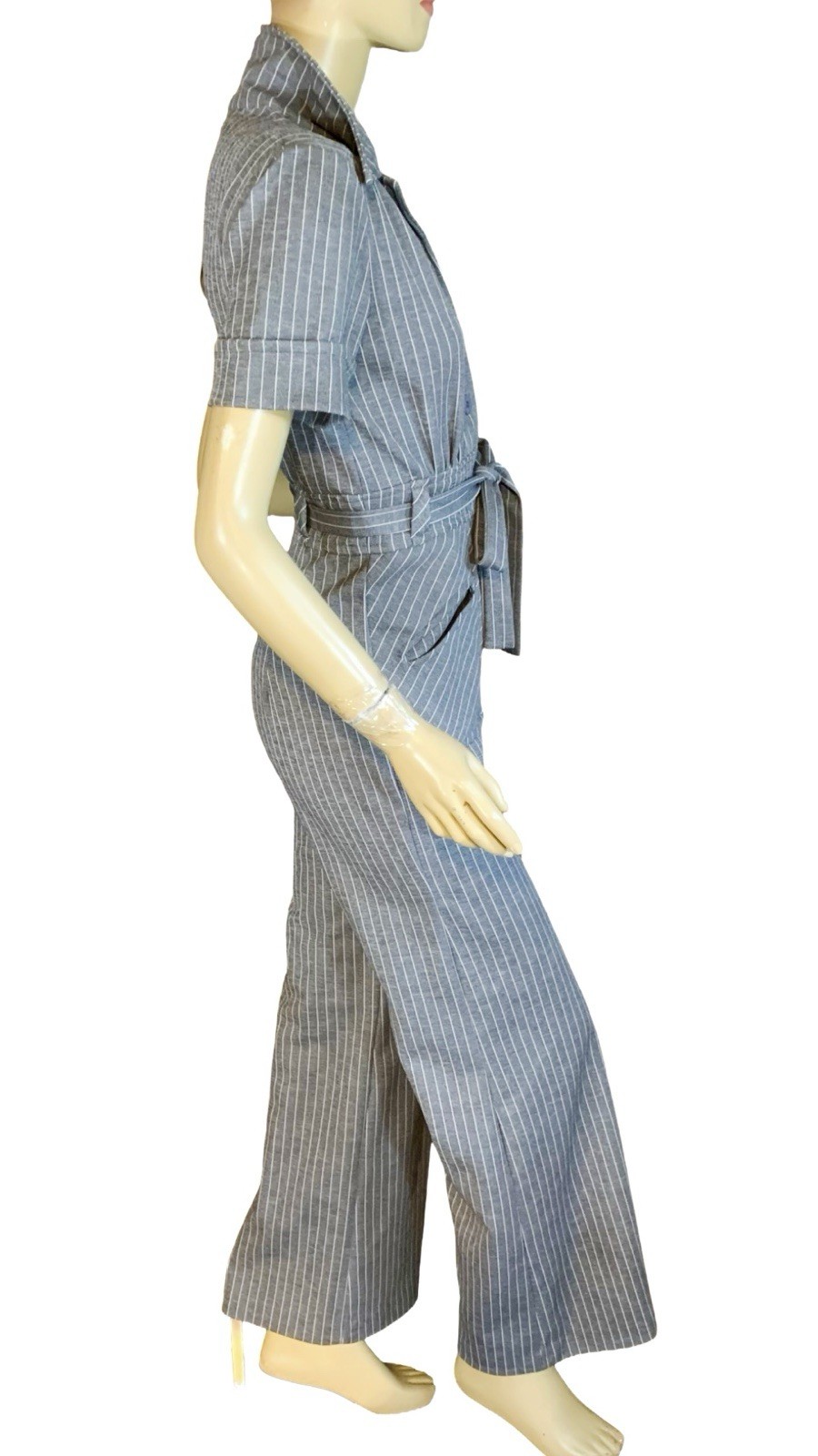 VINTAGE CIRCA 1970’S GRAY & WHITE UNION MADE PINSTRIPE BELL BOTTOM JUMPSUIT SZ S