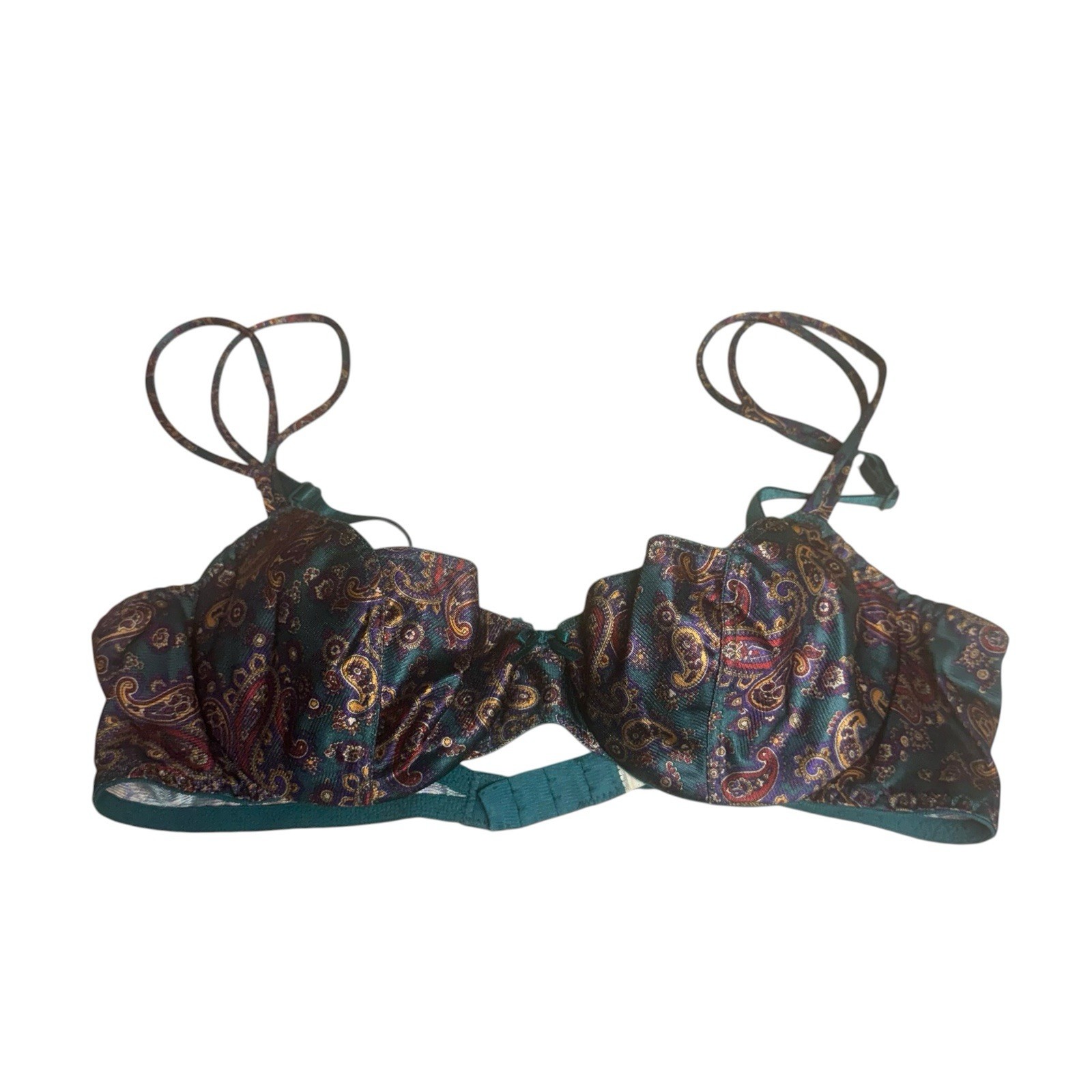 Vintage Victorias Secret Bra 36A Satin Green Jewel Paisley Underwire Gold Label