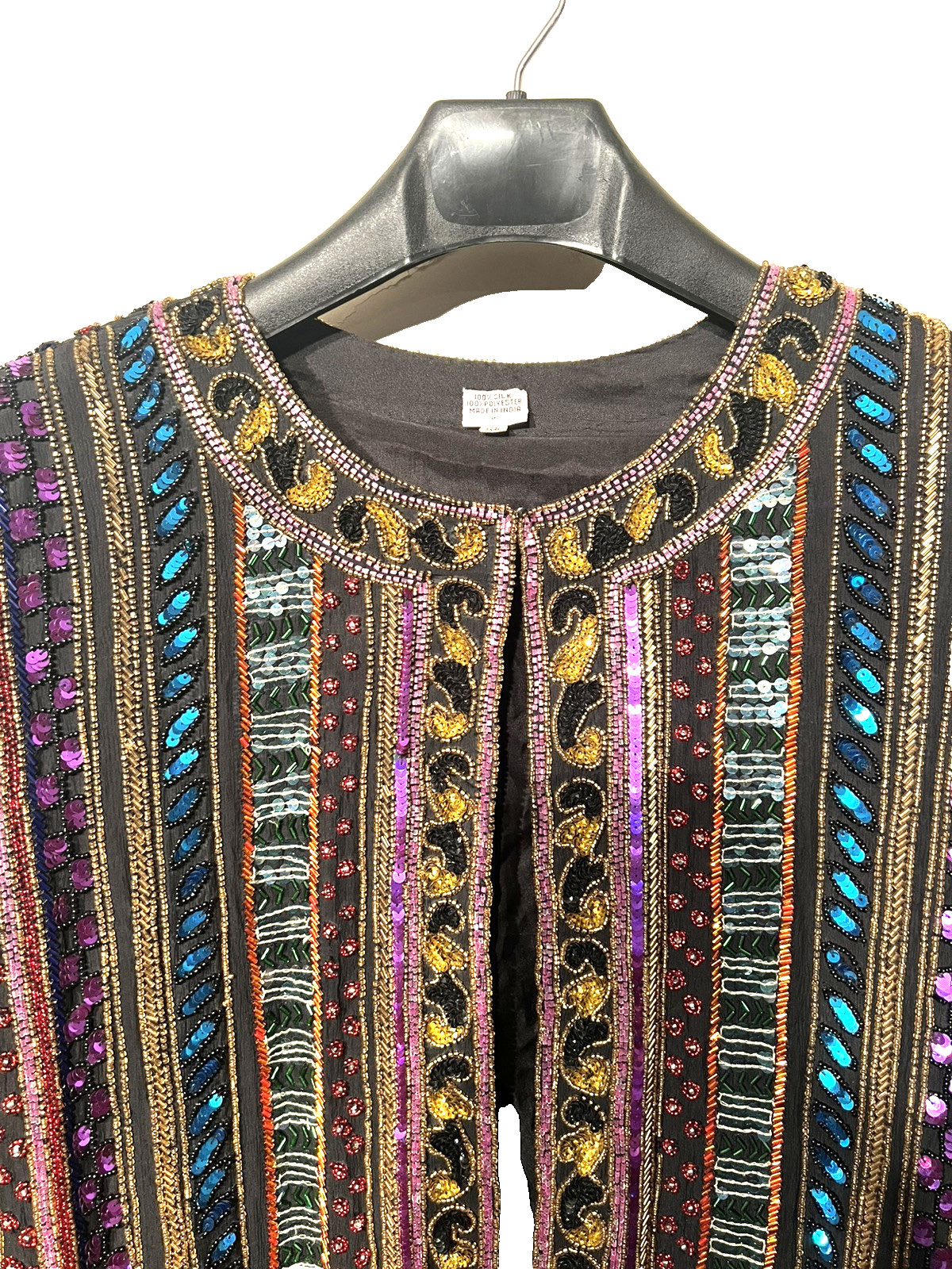 GORGEOUS Jacket FLORAL BEADED SEQUINS-Silk Vintage-E/C X LARGE