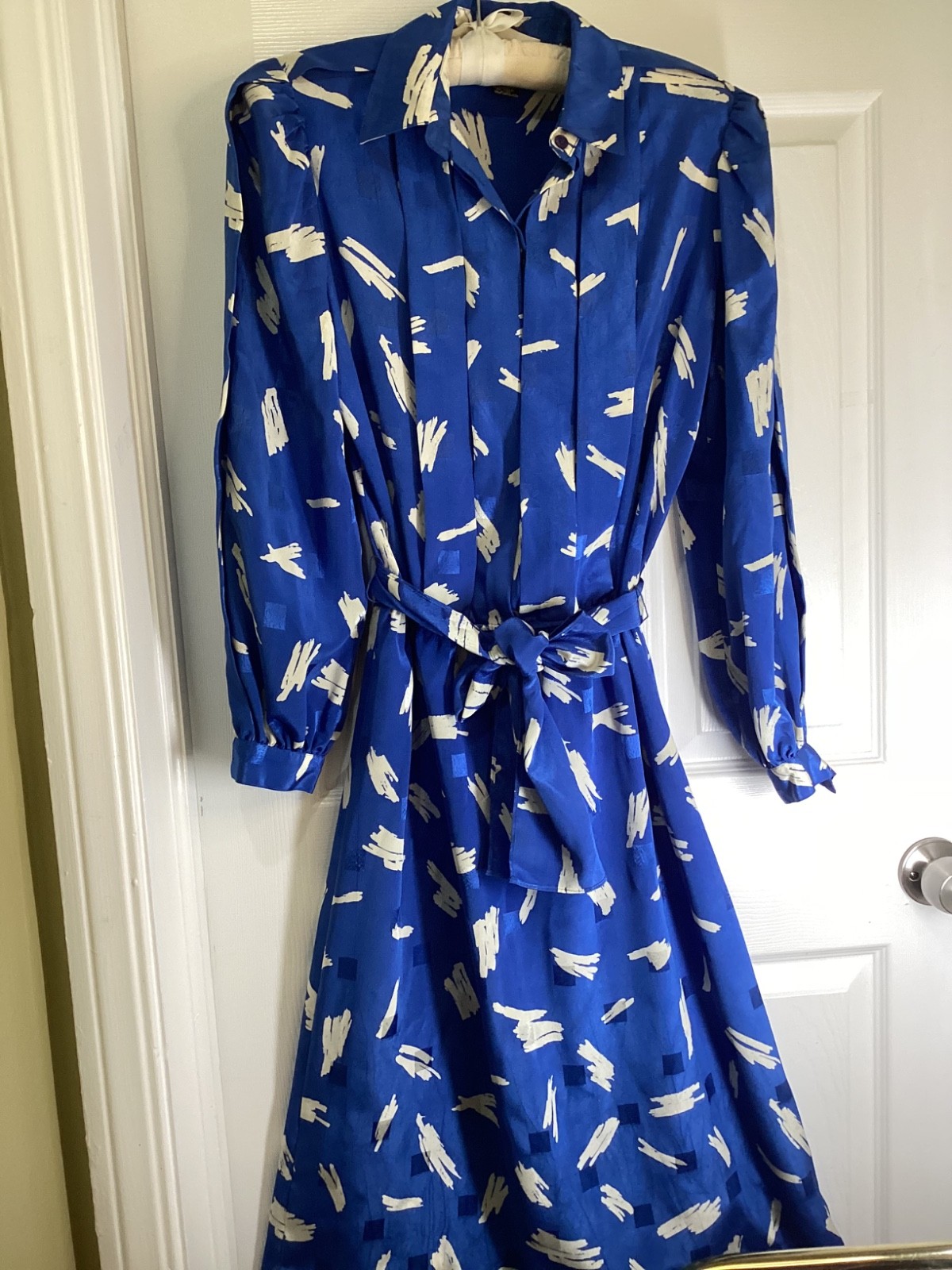 90s Billy Jack for Her Blue Geo Blouson Belted Dress Shoulder pads Puffy Sleeves