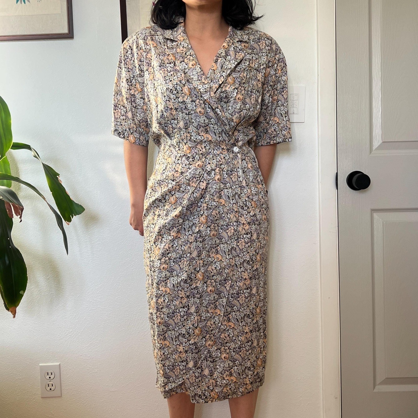 Vintage 80s Rayon faux Wrap Dress Floral Ditsy Print Garden size 10
