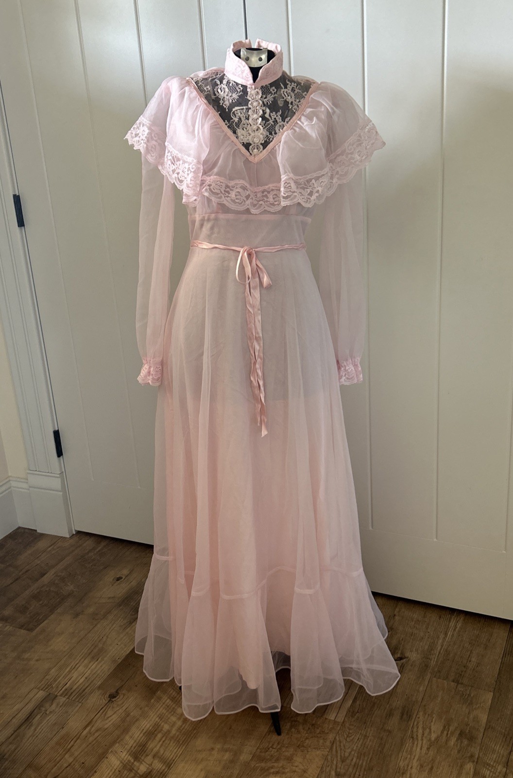 Vintage 1970’s Pink Chiffon Victorian Prairie Style Maxi Dress Union Label