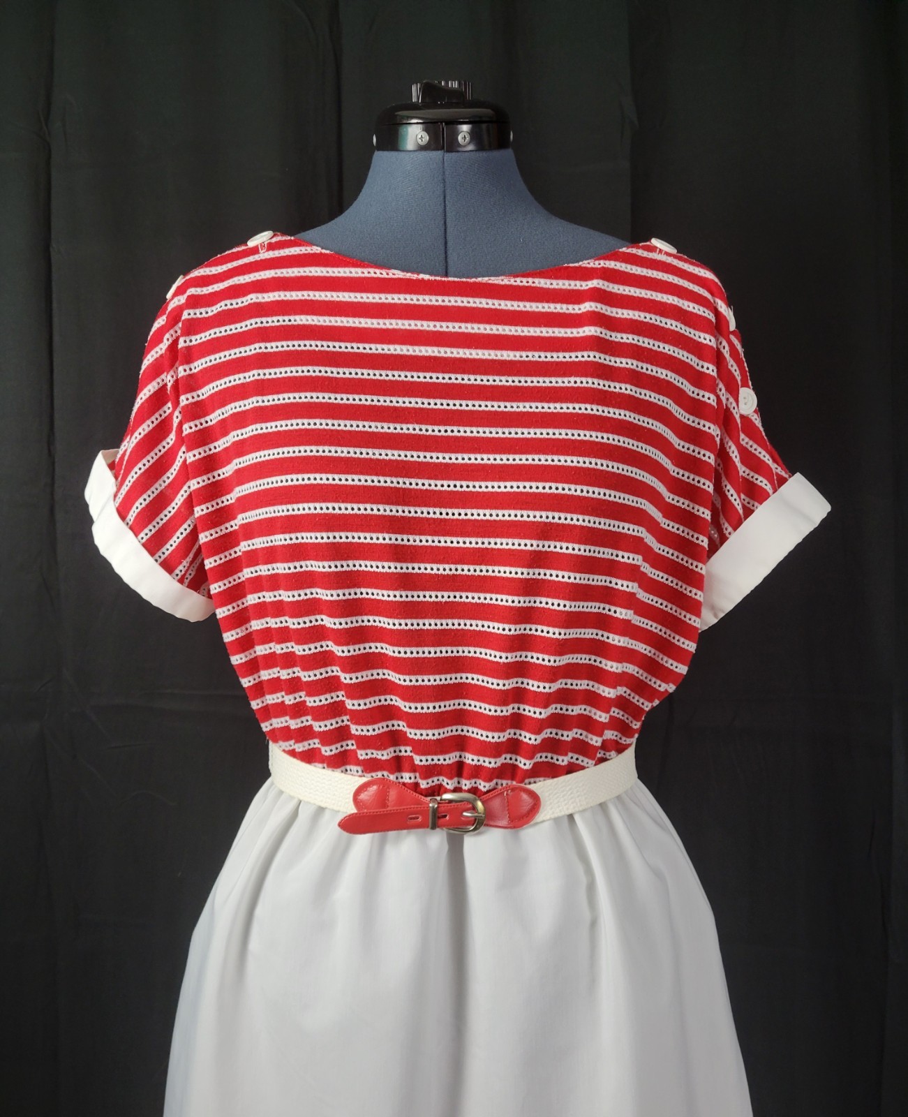 Vintage Boatneck Blouson Dress w Red & White Striped Bodice & White Skirt Size L