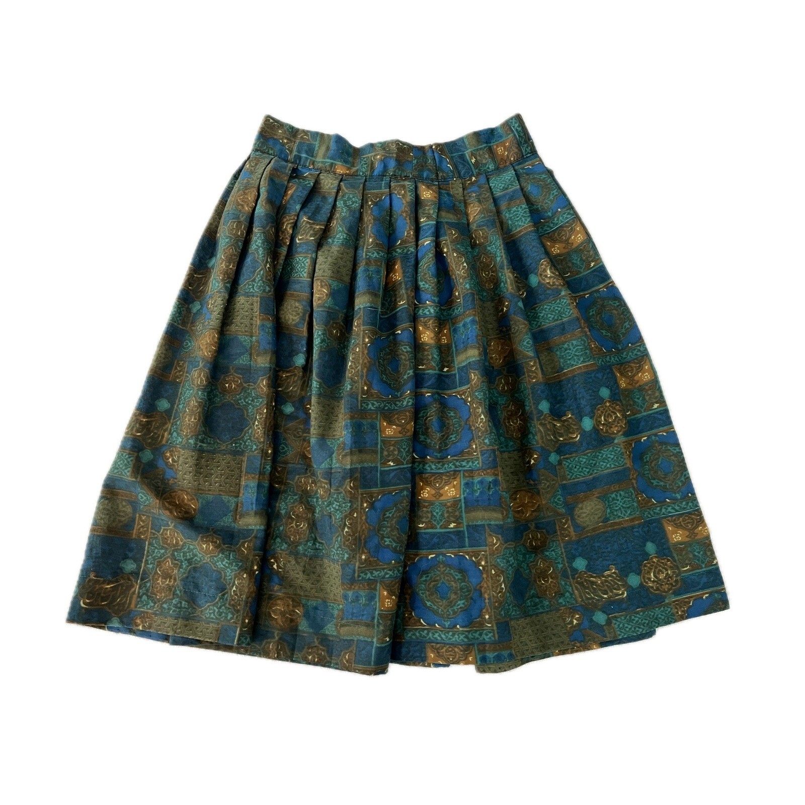Vintage 70s Handmade Art Deco Geometric Midi Skirt Blue Green Bronze Size S