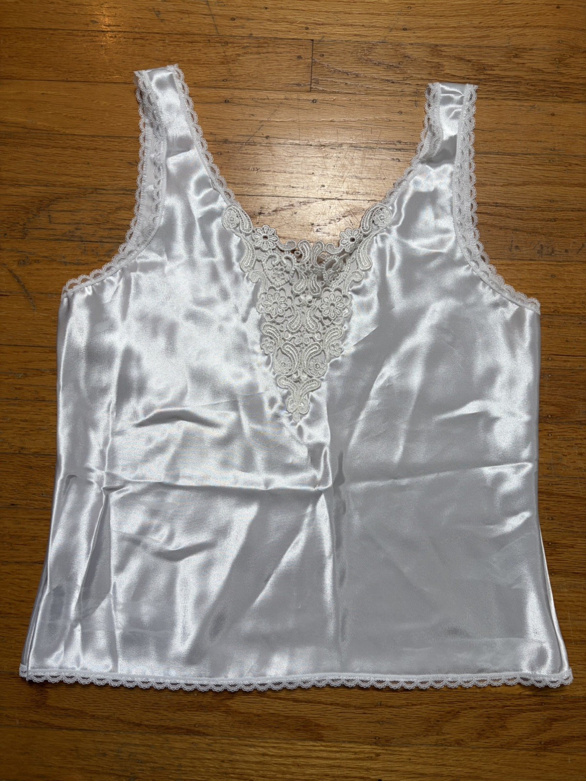 Vintage 90s Y2K Lace Trim Satin Tank Top L Lingerie Cami Fairy Coquette Whimsy