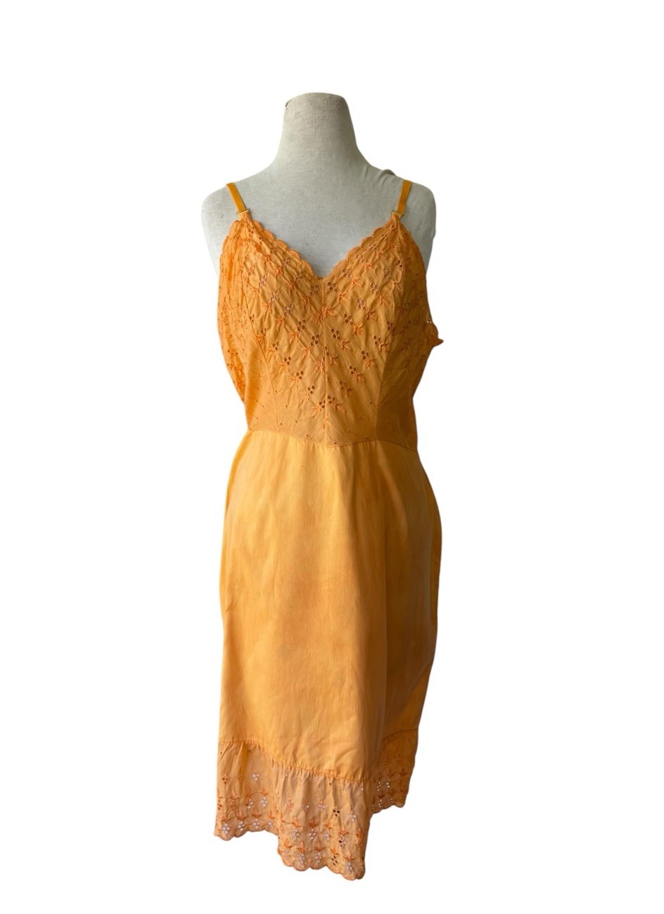 Vtg Orange Eyelet Lace Full Slip Sz 40 Dacron Sunrise Hand Dyed L Boho Cottage